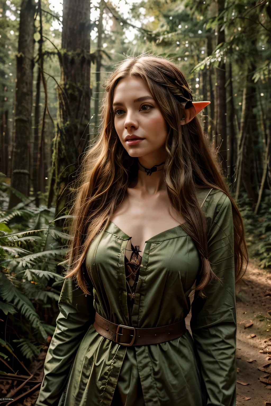 Elf. Slim. Green eyes. long light, Hair fluttering in the wind, I'm standing among tall trees, dressed as a forest dweller in fantasy style, High detail, 8K