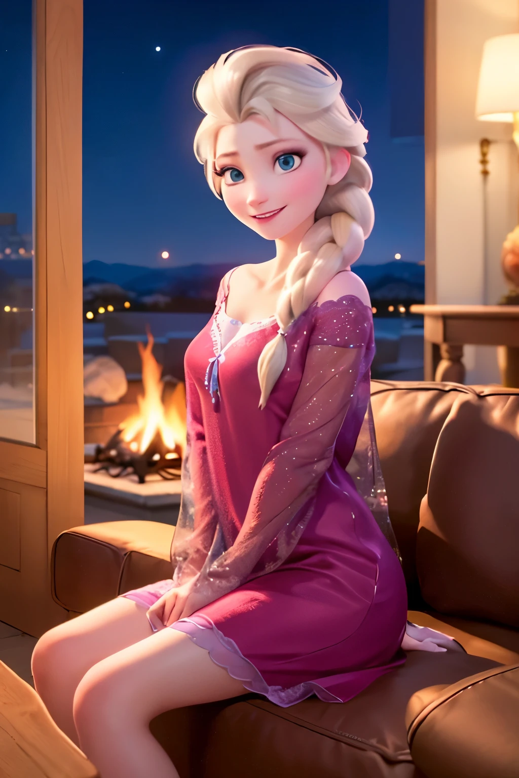(masterpiece:1.4),(best qualit:1.4),(high resolution:1.4),elsa of arendelle,nightgown,sitting,single braid,(looking at viewer:1.1),(night:1.2),couch,fireplace,smile,
