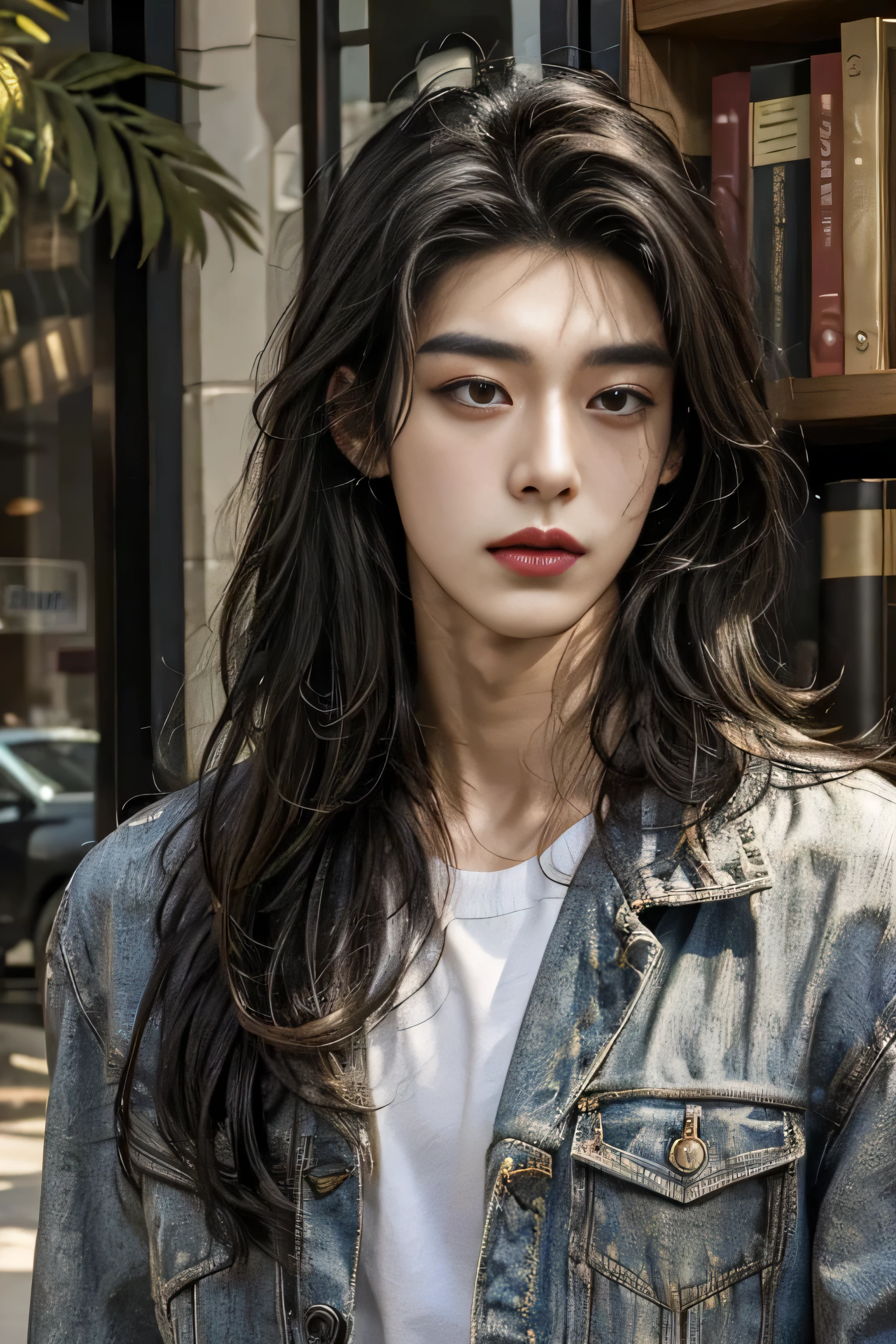 masterpiece, best quality, handsome Asian mixed 19 year old, fair skin male, long dark hair, perfect face, chest out, slender, masculine, long hair