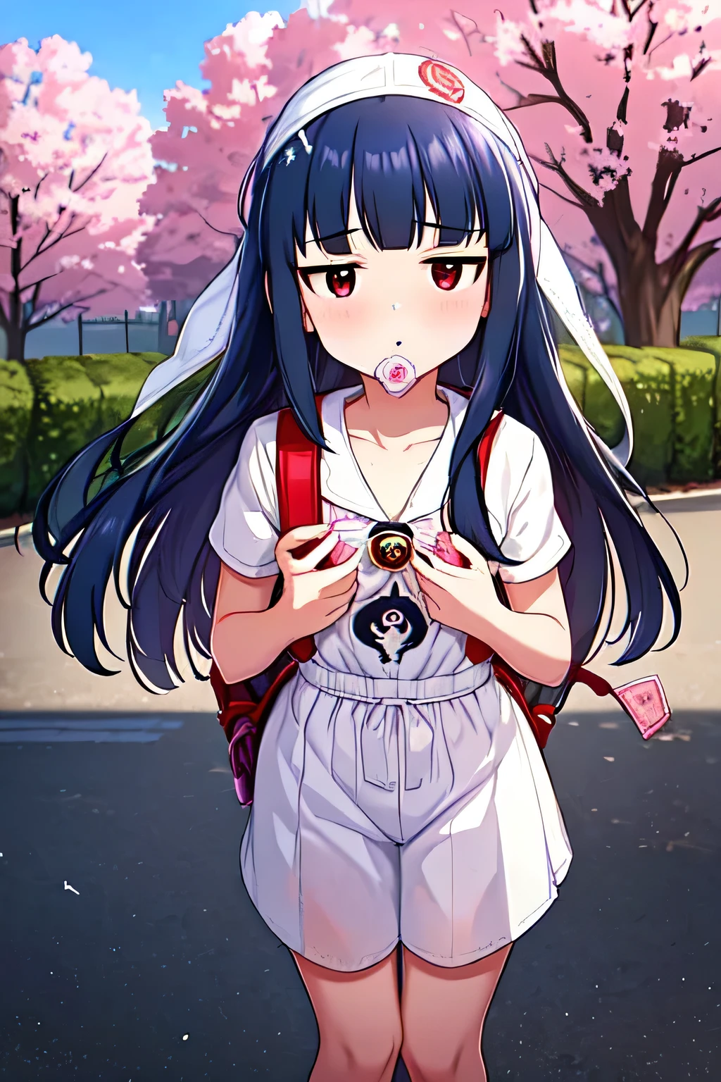 , yukimi, 10., long hair, dull bangs, flat chest, No expression, shy, whole body, highest quality, wearing burmese navy, short sleeve (White gym uniform with colored hems:1.3), carry (randoseru backpack:1.4), naked足, at the park,(Put a semen-filled condom on your head:1.4),white semen on hair、White semen on the face、naked、tits
