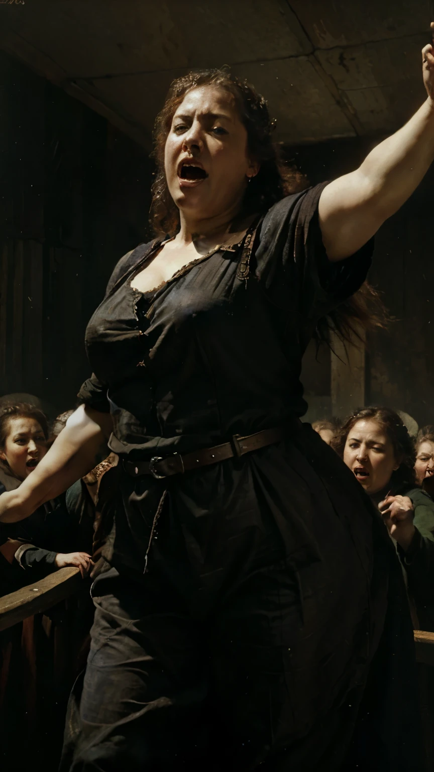 (dark fantasy rpg artwork) a oil painting artwork of a fat farmer lady on a rage face screaming to the crowd