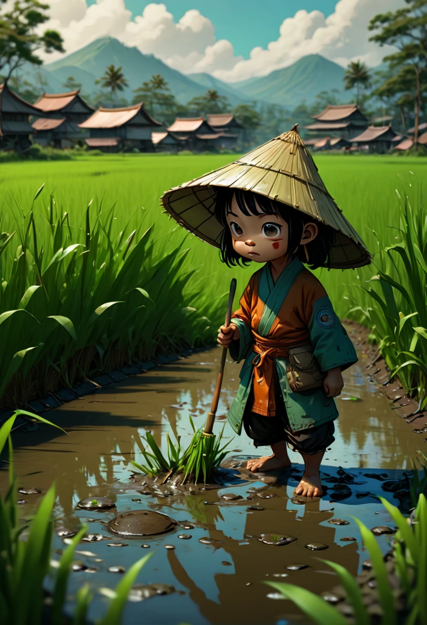 rice paddy, by Skottie Young, (best quality, masterpiece, Representative work, official art, Professional, Ultra intricate detailed, 8k:1.3)