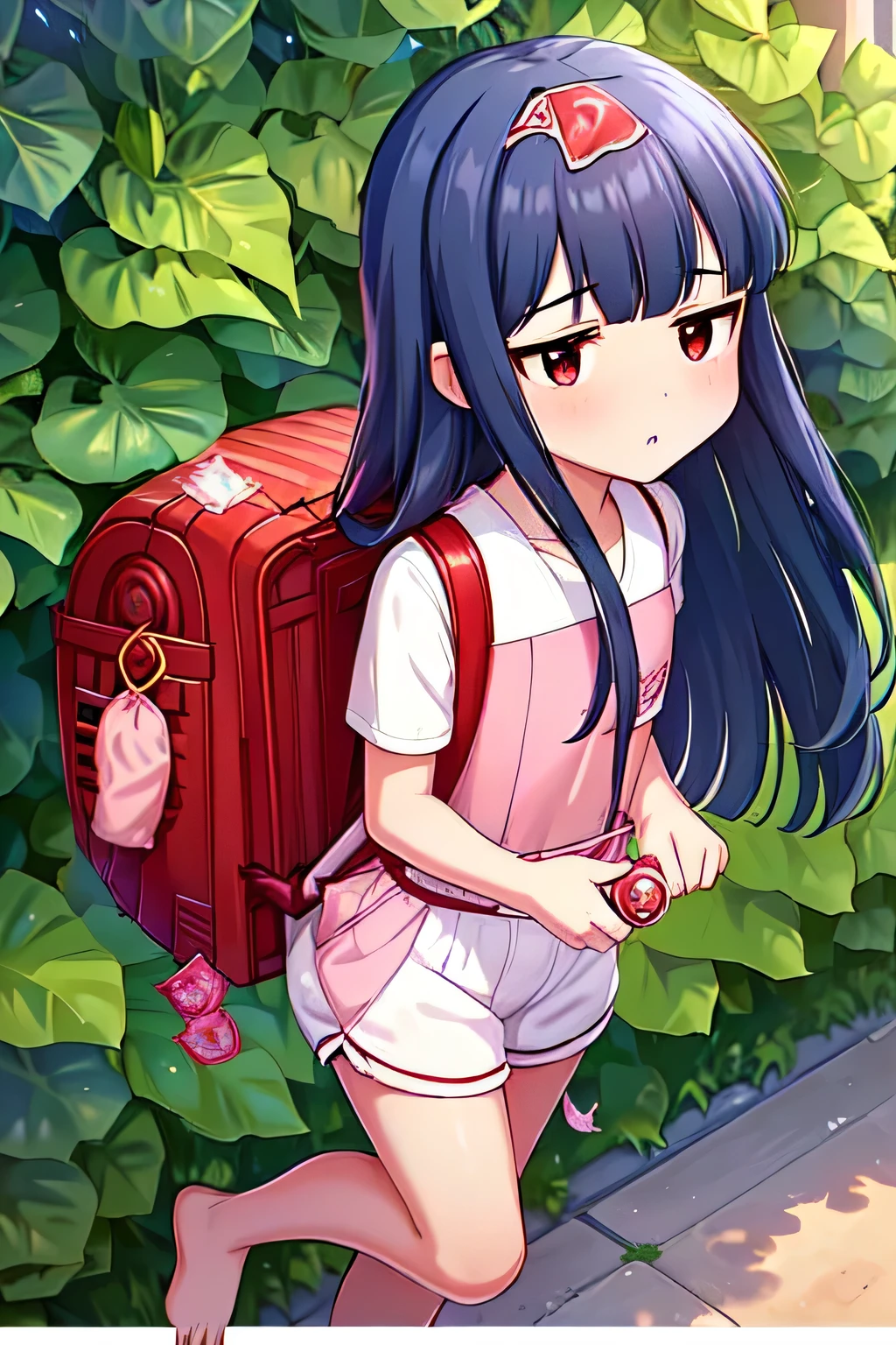 , yukimi, 10., long hair, dull bangs, flat chest, No expression, shy, whole body, highest quality, wearing burmese navy, short sleeve (White gym uniform with colored hems:1.3), carry (randoseru backpack:1.4), barefoot, at the park,(put a used condom on your head:1.4),
