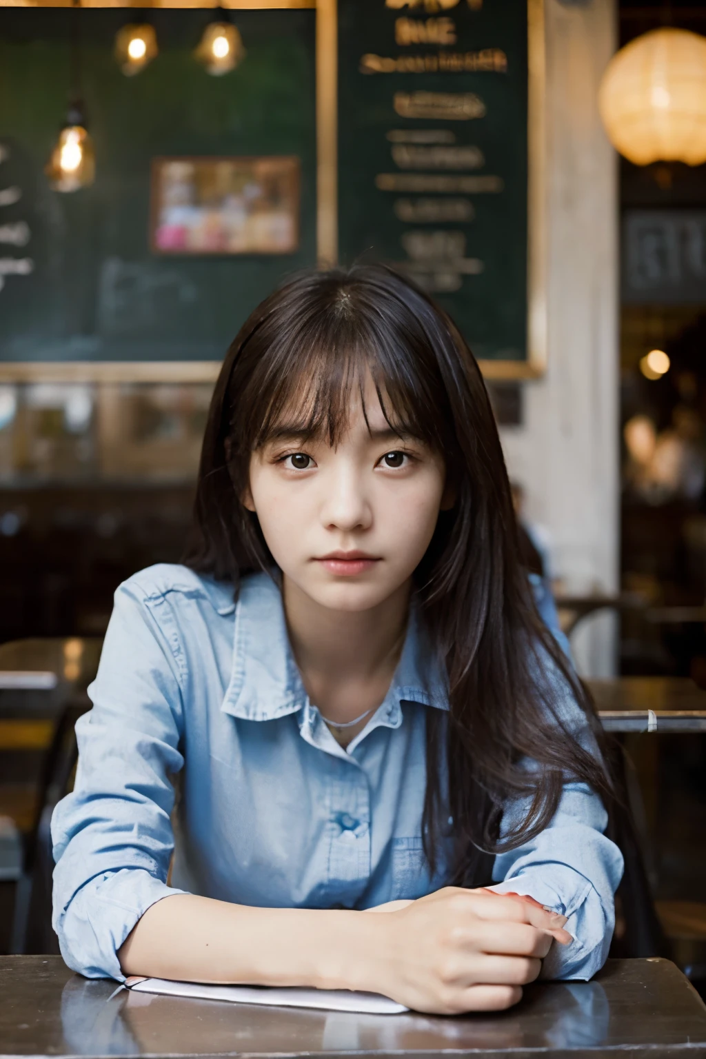table top, highest quality, Portrait of one girl、A slightly sullen face、date at a cafe、
