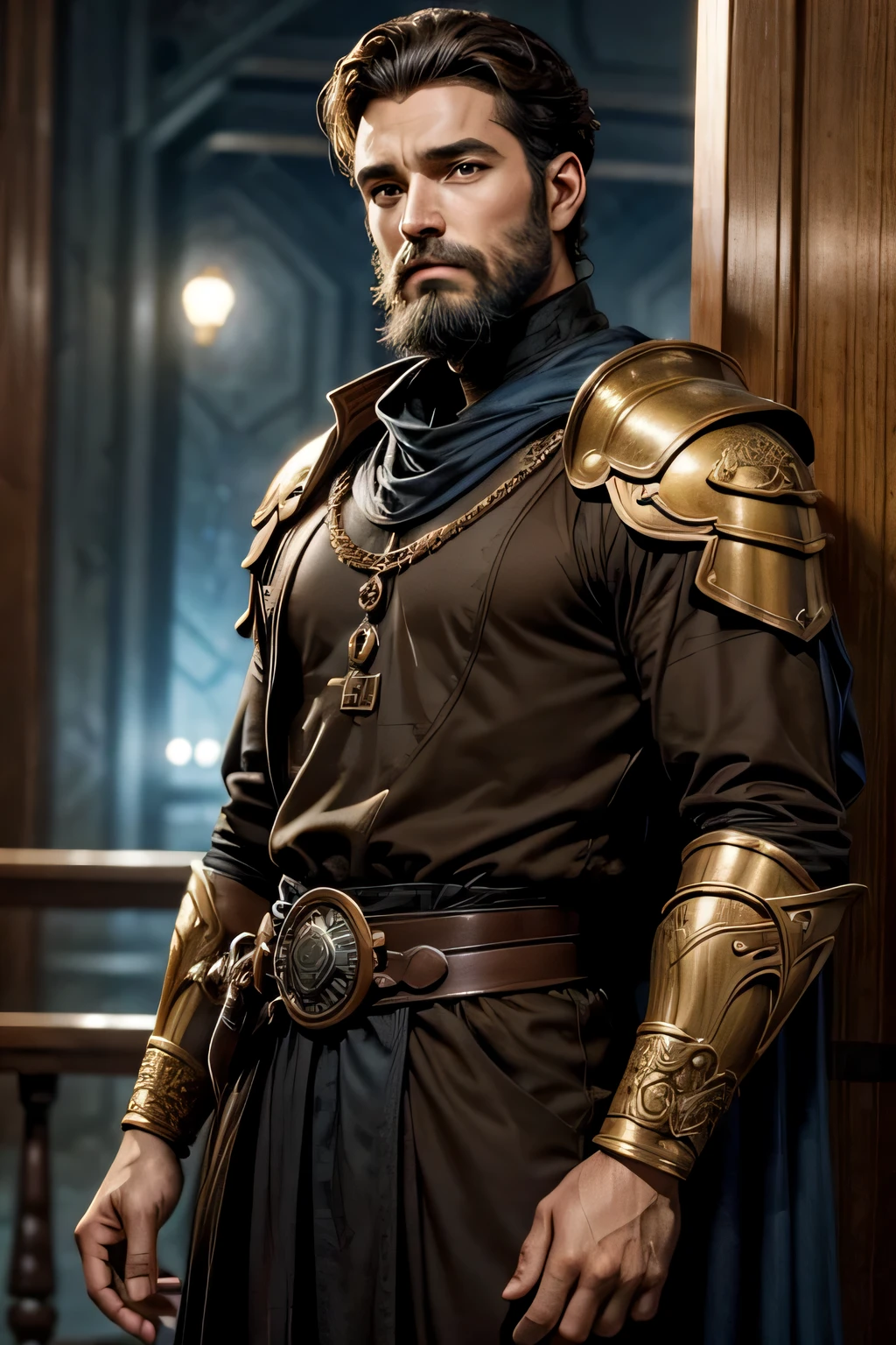 a man with a beard and a brown shirt is looking at the camera, Homem bonito, Paulo Atreides, Homem bonito, rosto bonito, rosto bonito e atraente, rosto bonito and beautiful face, perfect rosto bonito, Frank Dicksee, lindo rosto detalhado, Paulo Atreides como imperador de Duna, como um personagem de fantasia medieval, bonito e atraente, homem atraente, muito bonito
