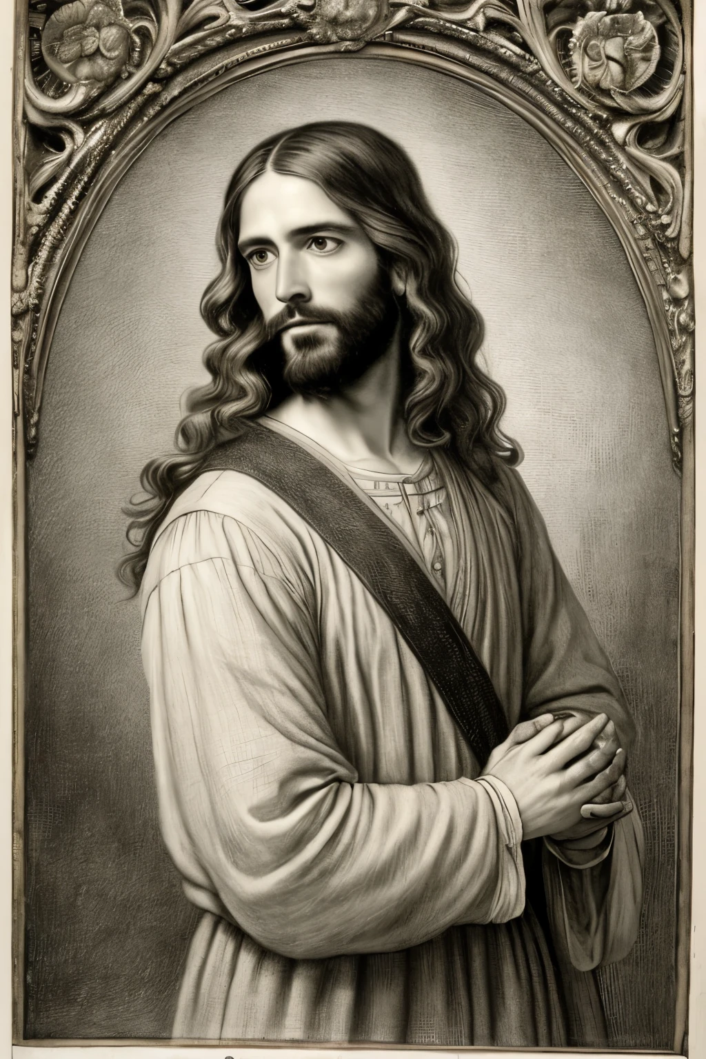 A captivating and intricately detailed 18th century American drawing of Jesus Christ, depicting a 33-year-old man with short curly chestnut brown hair and a long, flowing chestnut brown beard. He is shown with his arms outstretched, displaying a gentle and compassionate expression, wearing a long linen tunic with the chest part closed, typical of the time period. The drawing is rendered in a realistic style, with life-like textures and intricate details captured in the highest definition. The background is subtle and unobtrusive, allowing the subject to be the central focus. This beautiful and timeless work of art is reminiscent of the baroque style