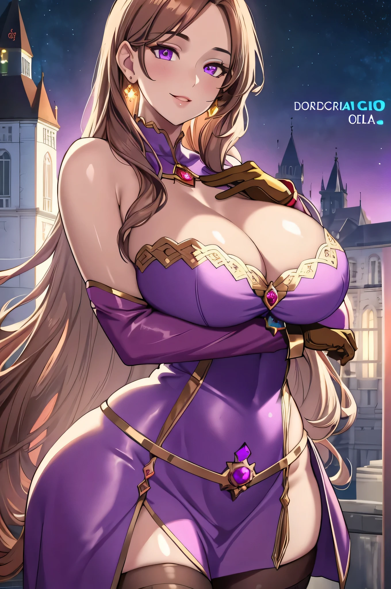 olga discordia, light brown hair, colored skin, white skin, hair stick, bangs, violet eyes, solo, smiling, standing, upper body, hips, bare shoulders,purple thighhighs,violet dress, gold jewelry,armor,gloves,circlet, cleavage, red and gold royal castle, gigantic breasts, (best quality, masterpiece, beautiful and aesthetic:1.2, highest detailed face, perfect face,) eyes, perfect face,expressive eyes,
looking at viewer, in the center of the image,(Upper_body),(Focus on her face),
official art,extremely detailed CG unity 8k wallpaper, perfect lighting,Colorful,
(masterpiece:1.0),(best_quality:1.0), ultra high res,4K,ultra-detailed