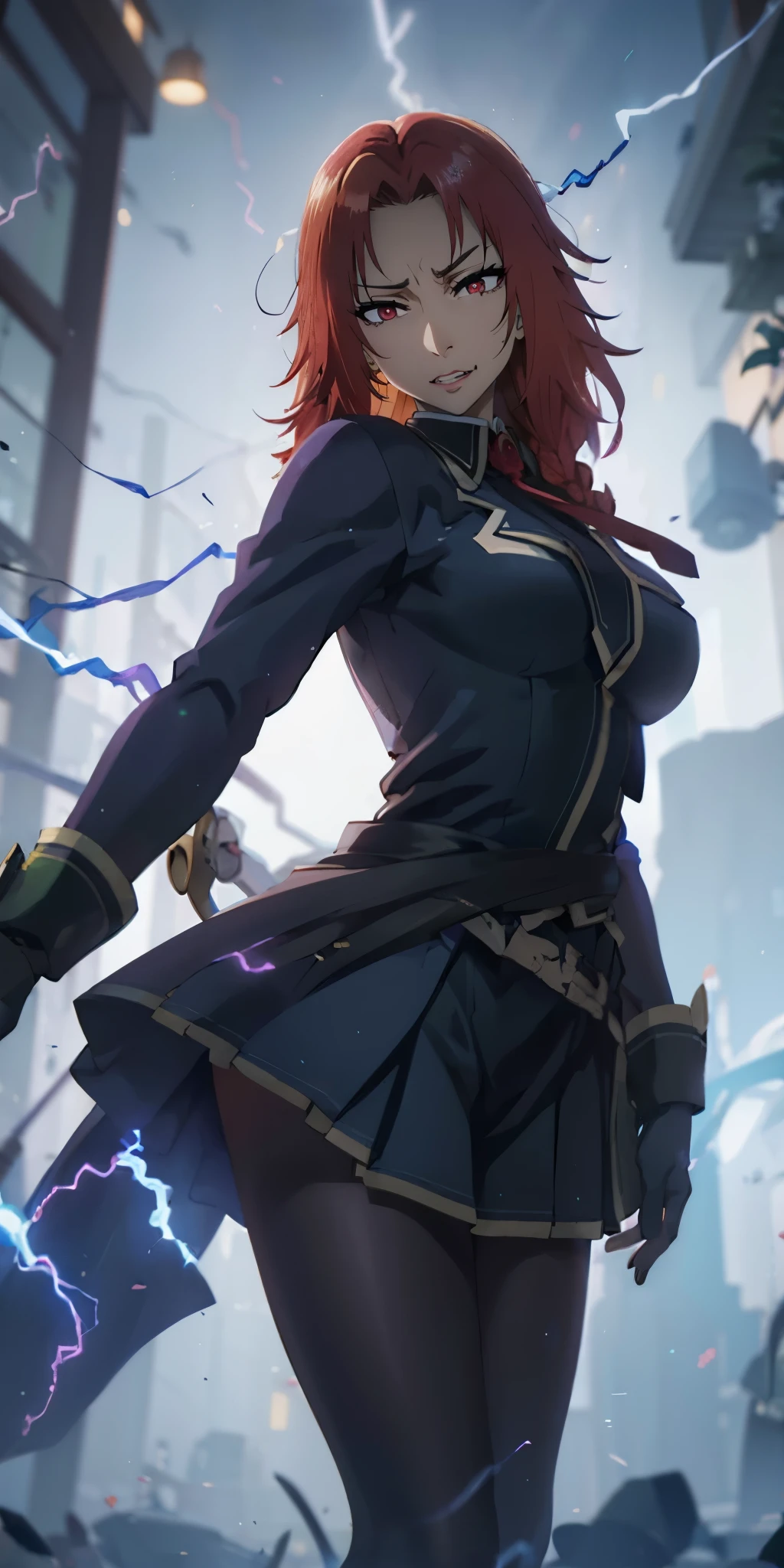 red hair, long hair, braid, red eyes, sweating, glowing eyes, heavy breathing, 1girl, breasts, (electricity:1.4), large_breasts, skirt, blurry, pleated_skirt, depth_of_field, gloves, belt, school_uniform,  long_sleeves, solo, looking_at_viewer, blurry_background, necktie, glow effects, godrays, Hand drawn, render, 8k, octane render, cinema 4d, blender, dark, atmospheric 4k ultra detailed, cinematic, Sharp focus, big depth of field, Masterpiece, colors, 3d octane render, 4k, concept art, trending on artstation, hyperrealistic, Vivid colors, extremely detailed CG unity 8k wallpaper, trending on CGSociety, Intricate, High Detail, dramatic,