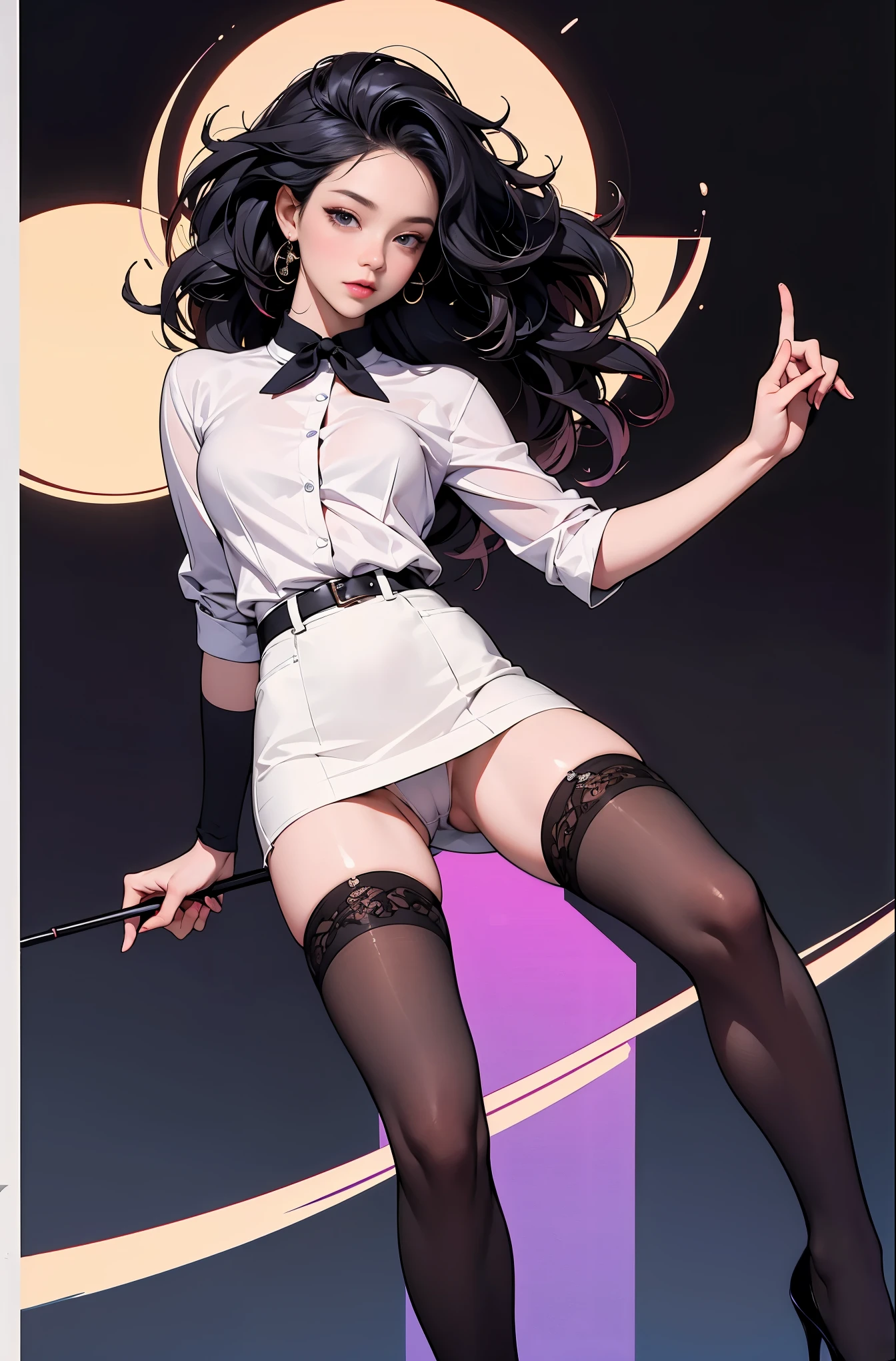 ((masterpiece, high quality, best quality, 8k, wallpaper, fine lineart, highly detailed, absurdres)), 1girl, korean popstar, thighhighs, miniskirt, high heels, mesh top, long black hair, pretty hands, cameltoe, curly hair,