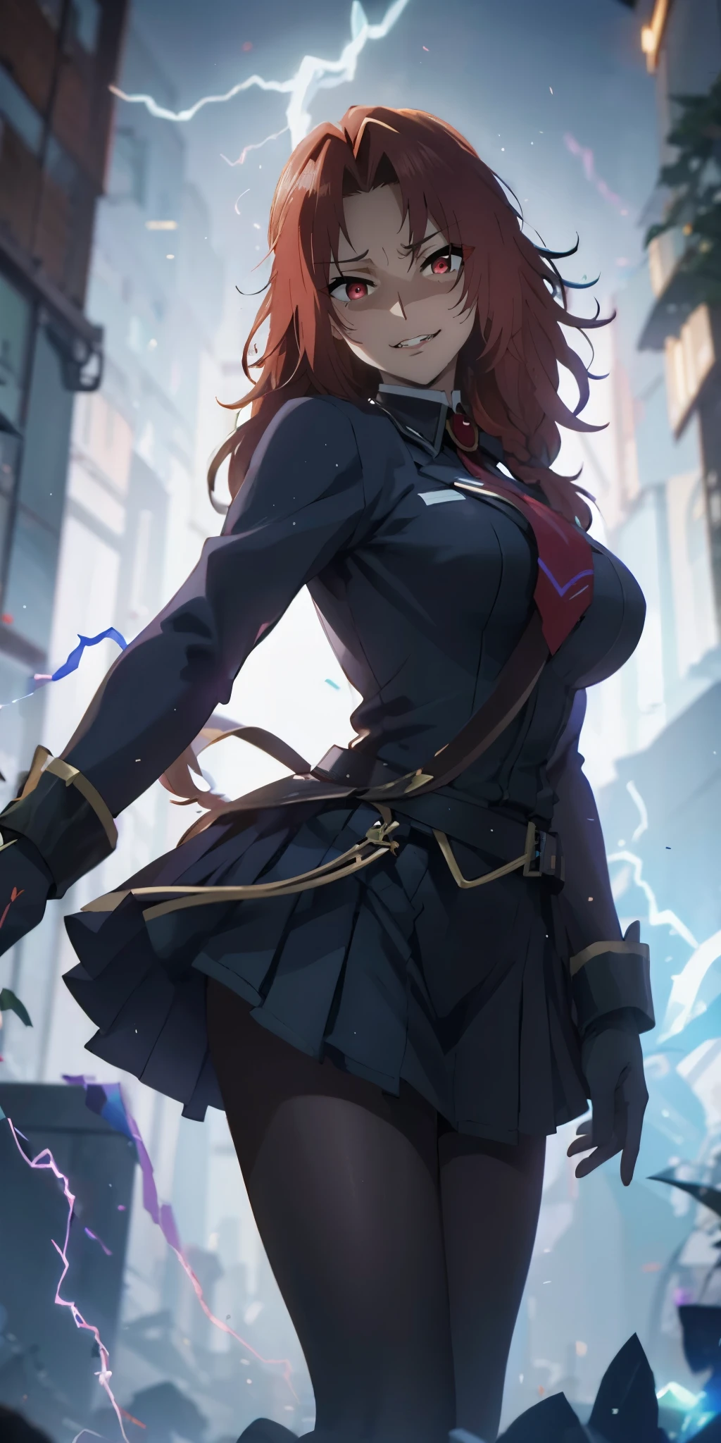 red hair, long hair, braid, red eyes, sweating, glowing eyes, heavy breathing, 1girl, breasts, (electricity:1.4), large_breasts, skirt, blurry, pleated_skirt, depth_of_field, gloves, belt, school_uniform,  long_sleeves, solo, looking_at_viewer, blurry_background, necktie, glow effects, godrays, Hand drawn, render, 8k, octane render, cinema 4d, blender, dark, atmospheric 4k ultra detailed, cinematic, Sharp focus, big depth of field, Masterpiece, colors, 3d octane render, 4k, concept art, trending on artstation, hyperrealistic, Vivid colors, extremely detailed CG unity 8k wallpaper, trending on CGSociety, Intricate, High Detail, dramatic,