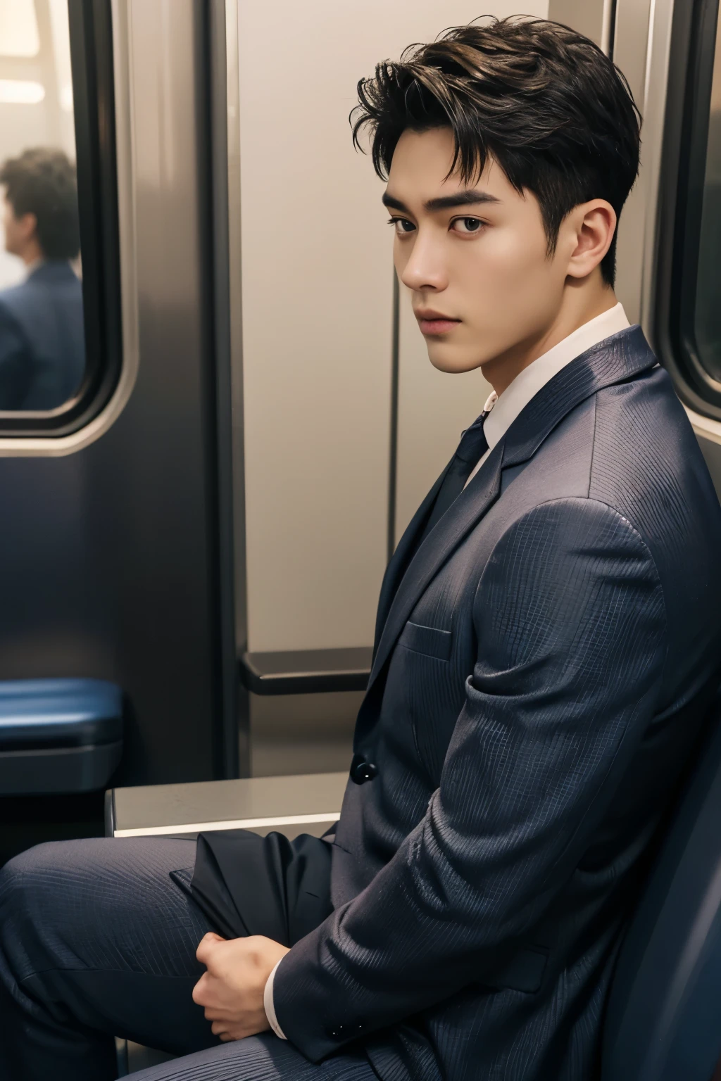top-quality、masterpiece、超A high resolution、(realisitic:1.4)、Detailed face、solo、1human male、Dark hair、glistning skin、dense skin、(asian human)、architectural、(absurderes、hight resolution、ultra-detailliert)、、1 male、Adults、(20-year-old man)、a handsome、tall muscular man、broad shoulder、extra very short hair、angular jaws、thick neck、thick eyebrow、extra very short hair、A dark-haired、fine eyes and detailed face、 Highly detailed CG Unity 8K wallpapers、intricate-detail、(Style Swirl Magic:0.7)、looking at the spectator、solo、(full body Esbian:0.6)、Detailed background、A detailed face、dynamicposes、、Urban background、dynamic compositions、 big muscle、、((((Crotch bulge))))、a handsome、 ((masutepiece:1.4, Best Quality)), ((masutepiece, Best Quality)), (photographrealistic:1.4)、(((Wearing a suit)))、Sitting on the train、Face-to-face angle,(Angle from below),Sitting in a train seat,Sitting at the front,Zoom camera in the crotch,Feet are on the floor of the train,full body Esbian,Looking down and sleepy,Watching the viewer only」、Beautiful dream landscape、((Maybe for me))、((japanese male))、from back view、posterior view、buttock、Big butt、