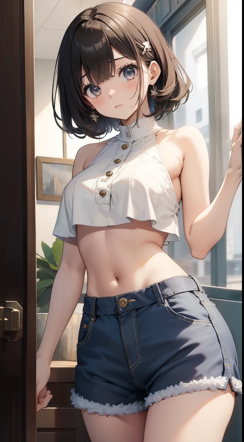 masterpiece, highest quality, cute woman , cute cute beautiful girl,JK、hair ornaments, topless, micro mini, ,、underbob mini crop top, mini shorts,