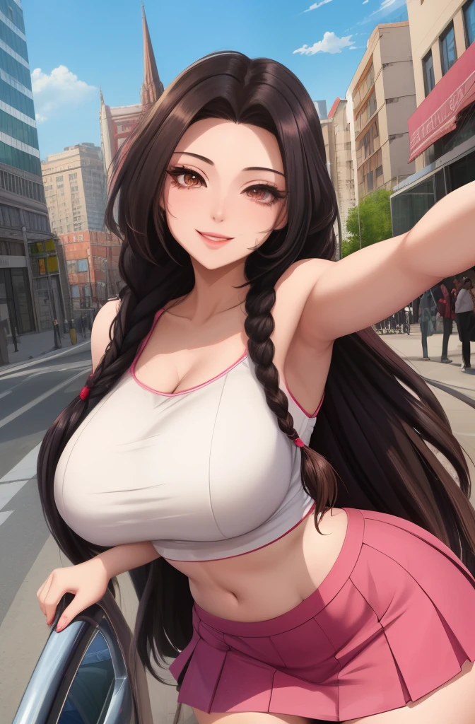 anime, 28 year old woman, taking a selfie, mischievous smile, long hair, dark hair color, stylish hairstyle, side hair long lush hair, long curls of hair pulled to the sides, Braids within the hair, curvy body, proportional body, sexy girl, beautiful mature girl, lovable character, crop top, short skirt, clarity, detailed, detailed face, very detailed drawing, smile, flirty look, city background, saturated background, perfect composition, soft natural volumetric cinematic perfect light, masterpiece