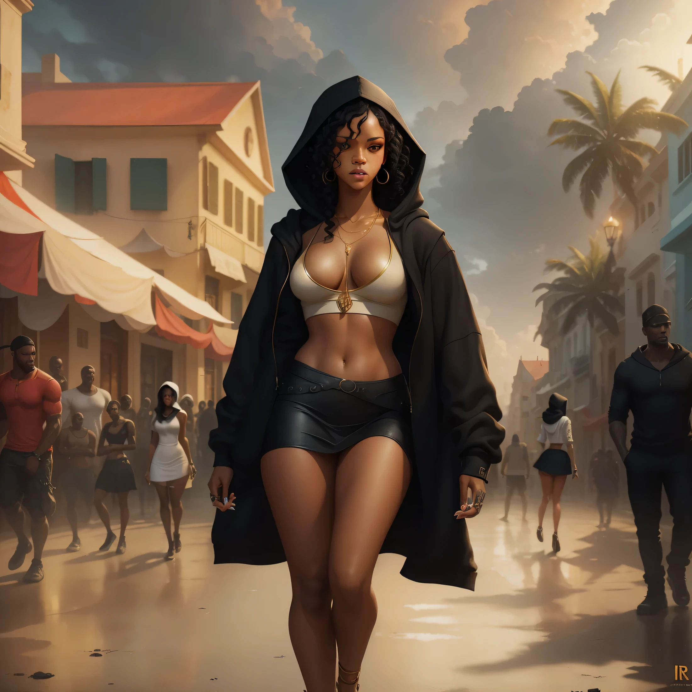 Singer Rihanna walking with a hoodie over her head on a town square in Bridgetown, Barbados, full body, wavy black hair cascades over her perfect anatomy, sharpened features in focus, talking on her phone, short skirt sways, low-cut shirt reveals, golden ratio applied to her poised form, extraordinary intricate artwork masterpiece, oil painting style, ominous ambiance, matte movie poster vibe, trending on CGSociety and ArtStation, influenced by Artgerm, H.R. Giger