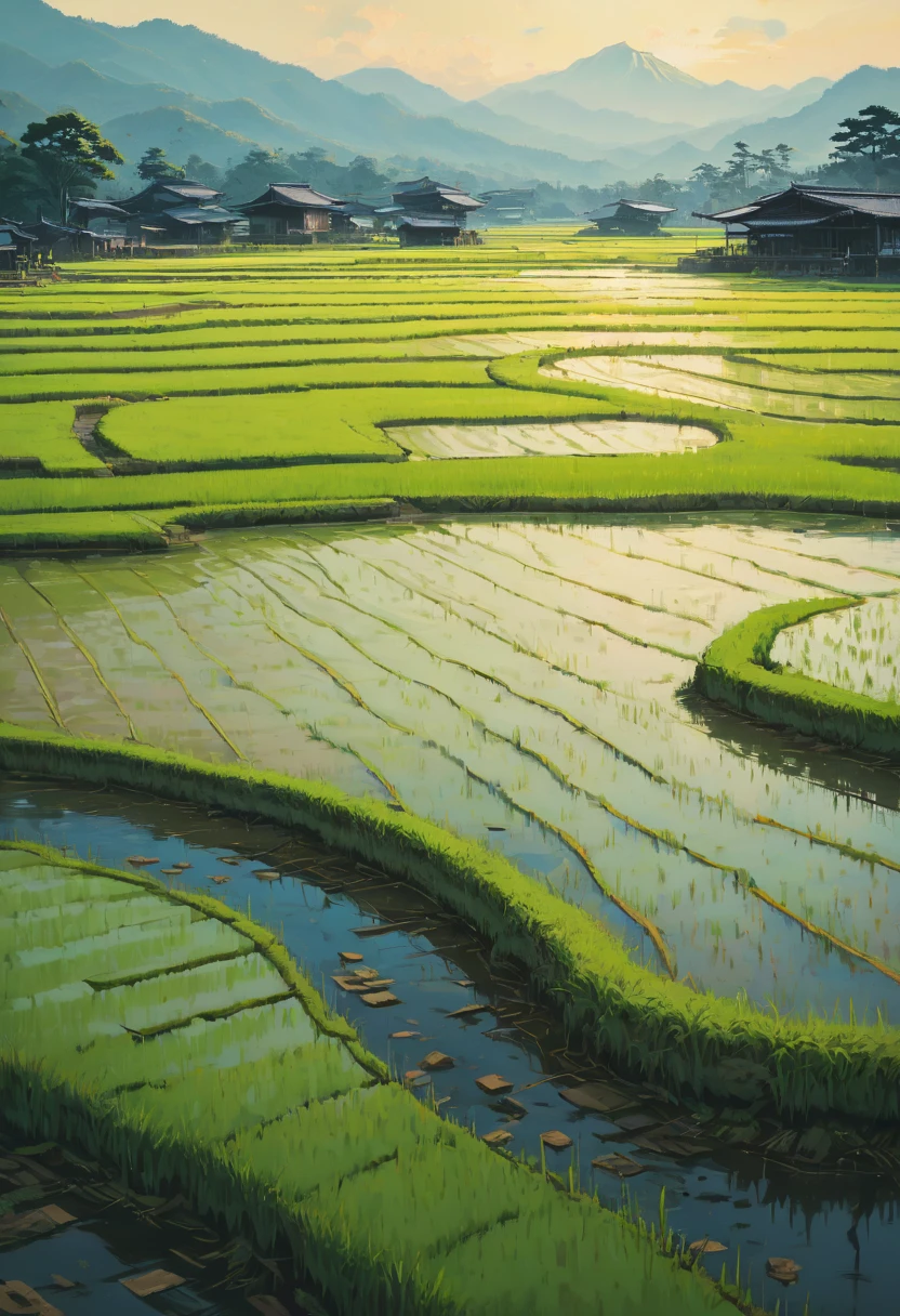rice paddy, by Alena Aenami, best quality, masterpiece, Representative work, official art, Professional, Ultra intricate detailed, 8k