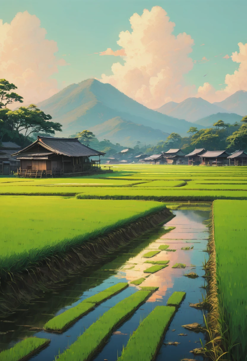rice paddy, by Alena Aenami, best quality, masterpiece, Representative work, official art, Professional, Ultra intricate detailed, 8k