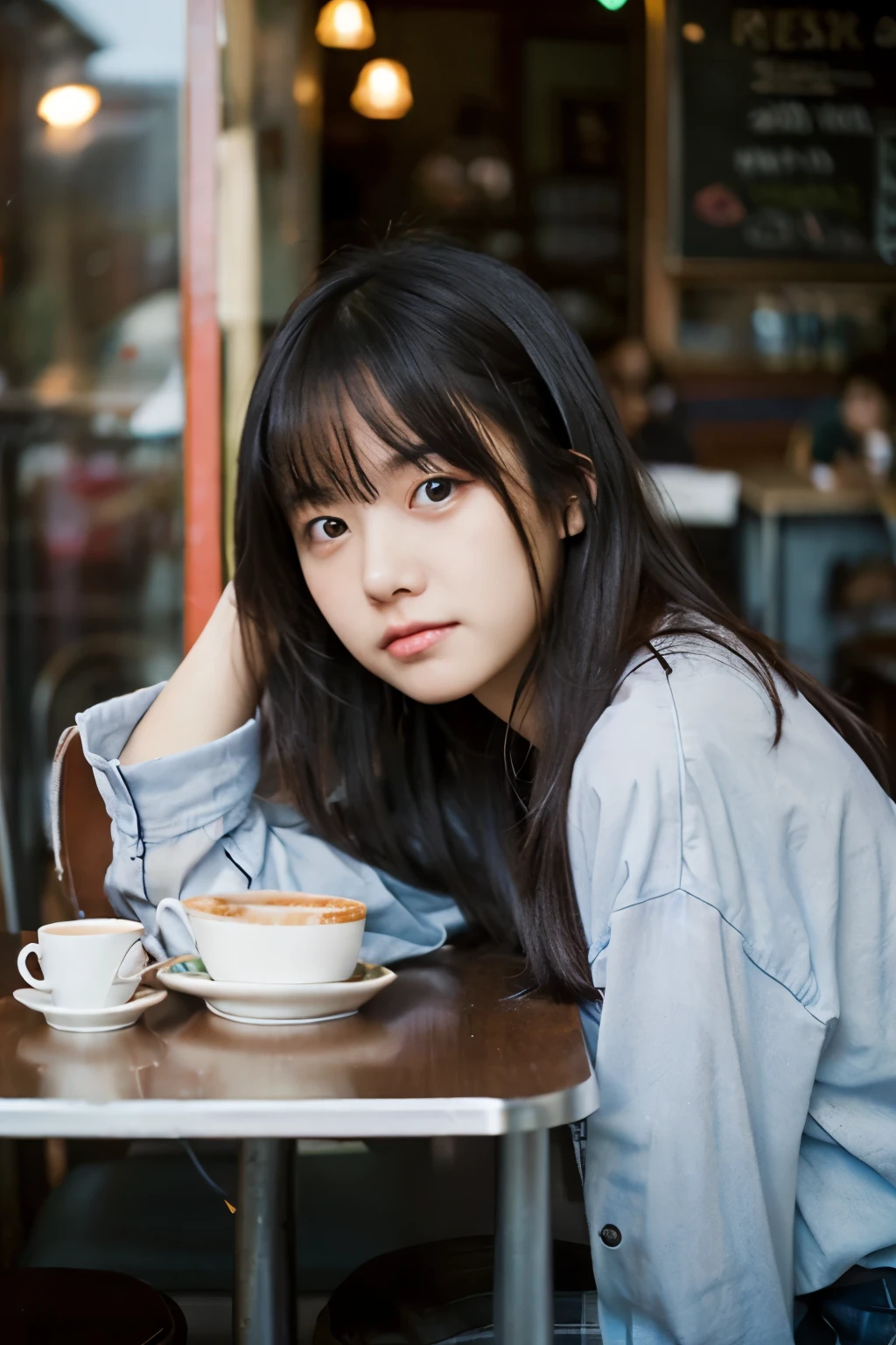 table top, highest quality, Portrait of one girl、A slightly sullen face、A slightly sad expression、date at a cafe、