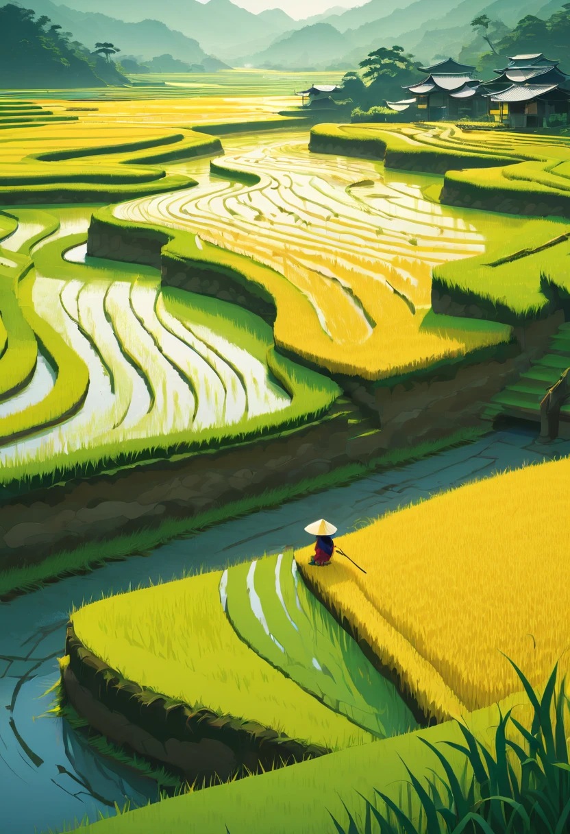 rice paddy, by Tang Yau Hoong, best quality, masterpiece, Representative work, official art, Professional, Ultra intricate detailed, 8k