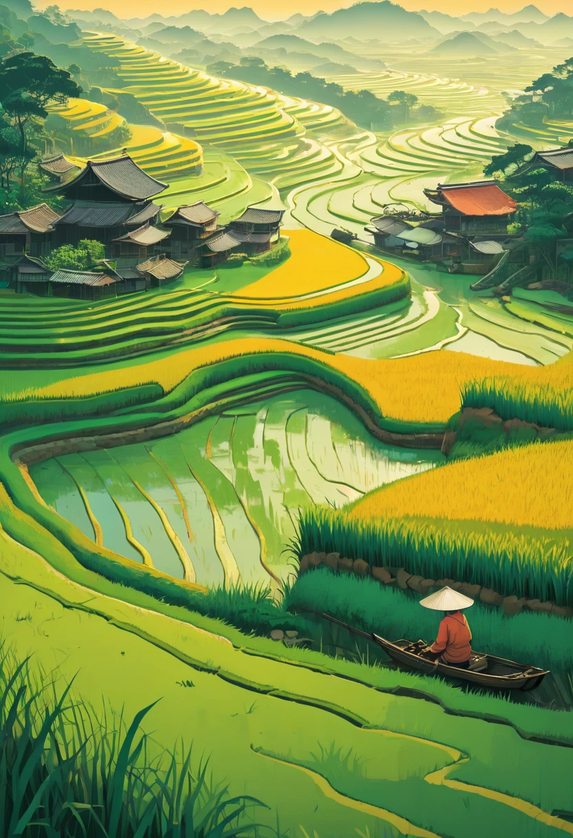 rice paddy, by Alena Aenami, best quality, masterpiece, Representative work, official art, Professional, Ultra intricate detailed, 8k