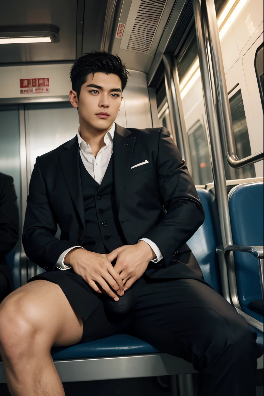 top-quality、masterpiece、超A high resolution、(realisitic:1.4)、Detailed face、solo、1human male、Dark hair、glistning skin、dense skin、(asian human)、architectural、(absurderes、hight resolution、ultra-detailliert)、、1 male、Adults、(20-year-old man)、a handsome、tall muscular man、broad shoulder、extra very short hair、angular jaws、thick neck、thick eyebrow、extra very short hair、A dark-haired、fine eyes and detailed face、 Highly detailed CG Unity 8K wallpapers、intricate-detail、(Style Swirl Magic:0.7)、looking at the spectator、solo、(full body Esbian:0.6)、Detailed background、A detailed face、dynamicposes、、Urban background、dynamic compositions、 big muscle、、((((Crotch bulge))))、a handsome、 ((masutepiece:1.4, Best Quality)), ((masutepiece, Best Quality)), (photographrealistic:1.4)、(((Wearing a suit)))、Sitting on the train、Face-to-face angle,(Angle from below),Sitting in a train seat,Sitting at the front,Zoom camera in the crotch,Feet are on the floor of the train,full body Esbian,Looking down and sleepy,Watching the viewer only」、Beautiful dream landscape、((Maybe for me))、((japanese male))、from back view、posterior view、buttock、Big butt、