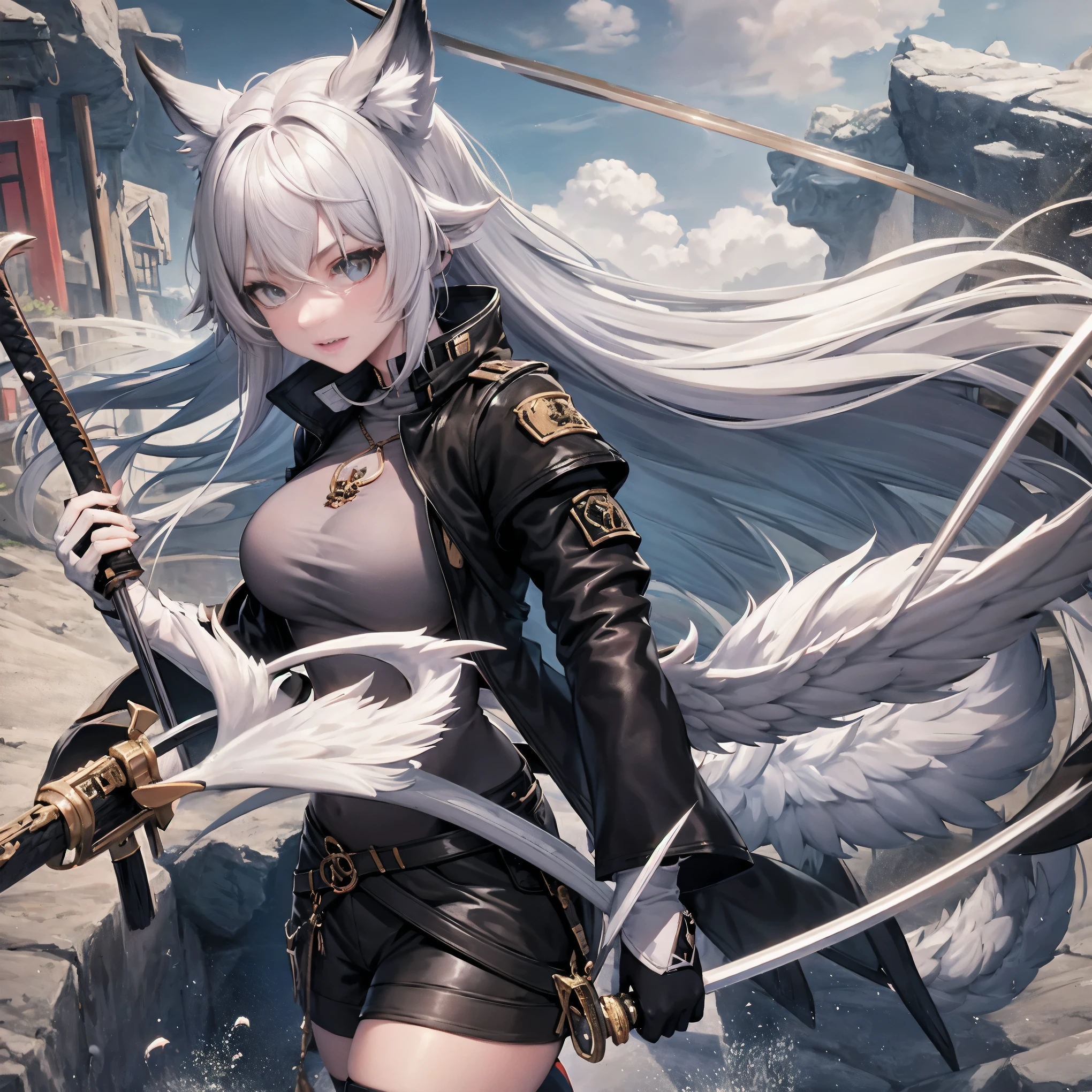 masterpiece, 8k resolution, high quality, high resolution, best quality, extremally detailed, best resolution, absurd resolution, ray tracing, high detailed, masterpiece, extremely detailed,detailed angelic face, shoulder length white hair, female, 2 white fox ears, teenage girl, slime body, white scale dragon tail, military boots,black leggings, military combat pants, black T-shirt, white jacket open, medium size chest, detailed blue eyes,solo female,1 dragon tail, tomboyish, thick dragon tail, white scales, 2 dragon wings, white fluffy dragon wings, detailed face, holding a katana sword,very detailed, amazing details,solo female, 1 female, detailed two white furry dragon wings