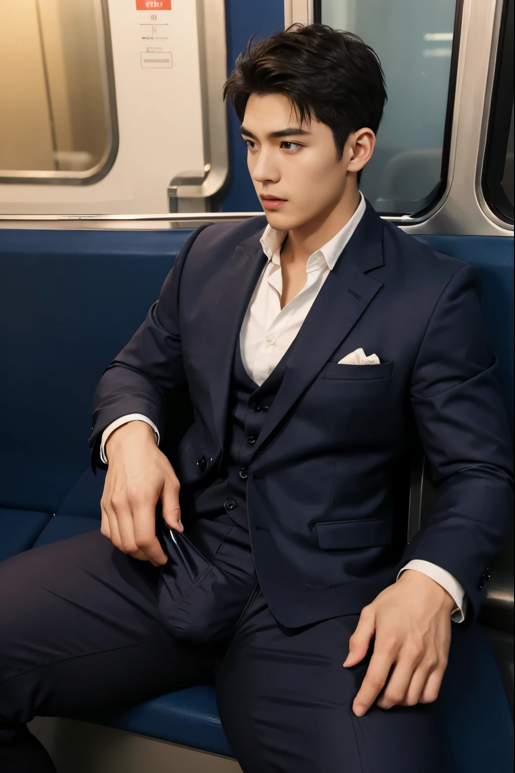 top-quality、masterpiece、超A high resolution、(realisitic:1.4)、Detailed face、solo、1human male、Dark hair、glistning skin、dense skin、(asian human)、architectural、(absurderes、hight resolution、ultra-detailliert)、、1 male、Adults、(20-year-old man)、a handsome、tall muscular man、broad shoulder、extra very short hair、angular jaws、thick neck、thick eyebrow、extra very short hair、A dark-haired、fine eyes and detailed face、 Highly detailed CG Unity 8K wallpapers、intricate-detail、(Style Swirl Magic:0.7)、looking at the spectator、solo、(full body Esbian:0.6)、Detailed background、A detailed face、dynamicposes、、Urban background、dynamic compositions、 big muscle、、((((Crotch bulge))))、a handsome、 ((masutepiece:1.4, Best Quality)), ((masutepiece, Best Quality)), (photographrealistic:1.4)、(((Wearing a suit)))、Sitting on the train、Face-to-face angle,(Angle from below),Sitting in a train seat,Sitting at the front,Zoom camera in the crotch,Feet are on the floor of the train,full body Esbian,Looking down and sleepy,Watching the viewer only」、Beautiful dream landscape、((Maybe for me))、((japanese male))、from back view、posterior view、buttock、Big butt、