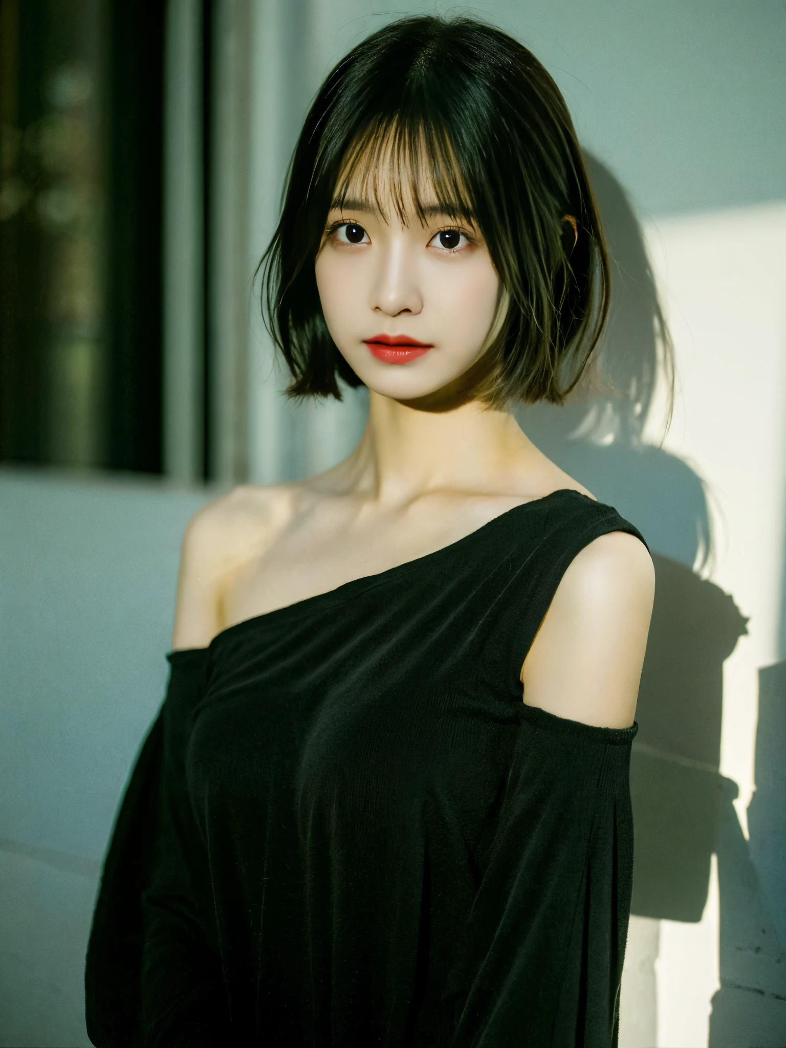 best quality, masterpiece, ultra high resolution, (lifelike:1.5), original photo, 1 girl, Off the shoulders, in the darkness, deep shadow, low profile, cold light, sexy look, short hair, big breasts, black clothes