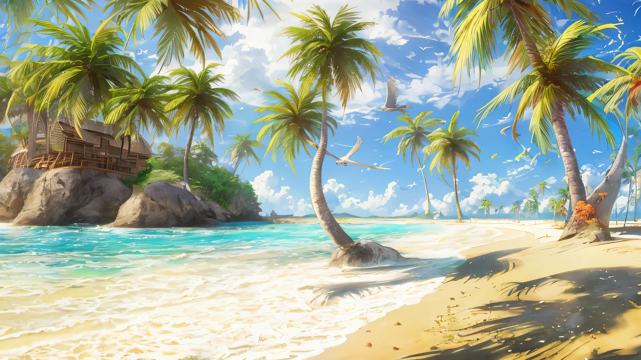 paradise island, masterpiece, 8k, best quality, panoramic view, golden sand, coconut trees, seagulls,
