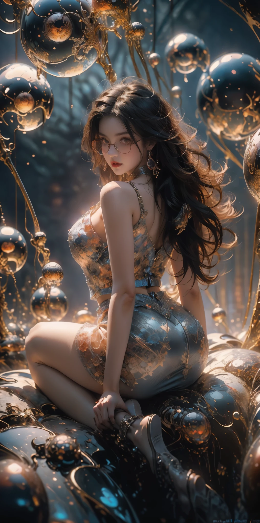 (The best illustrations)、realisitic、ultra-detailliert、The best lighting、Best Shadows、alluring succubus, ethereal beauty, perched on a cloud, (fantasy illustration:1.3), enchanting gaze, captivating pose, delicate wings, otherworldly charm, mystical sky, (Luis Royo:1.2), (Yoshitaka Amano:1.1), Dungeon and Dragon、caves、Dungeon、 A Necromancer、natta、Dark style、Succubus、Devil's Daughter、Bat Wings，(((Demon Hornlack-rimmed round glasses))))、(red eyes glowing:1.6)、​beautiful countenance、Tindall Effect、(High Detail Skins:1.2) absurderes、Ponytail distortion、jewely、Beautiful expression、Toned waist、Wide buttocks、Tindall Effectmasuter piece、top-quality、Highest Standards、Top image quality、masutepiece、intricate detailes、High resolution、Depth Field、natural soft light、profetional lighting、Great smile、(High Detail Skin: 1.2)、photorealistic anime girl render、Strong highlights of the eyes、Perfect Anatomy、crotch open、Shy、Spreading your legs、Panties are visible、Skirt flipping、Body shiny with oilerectile nipple))、8K resolution、intricate clothing、Intricate details