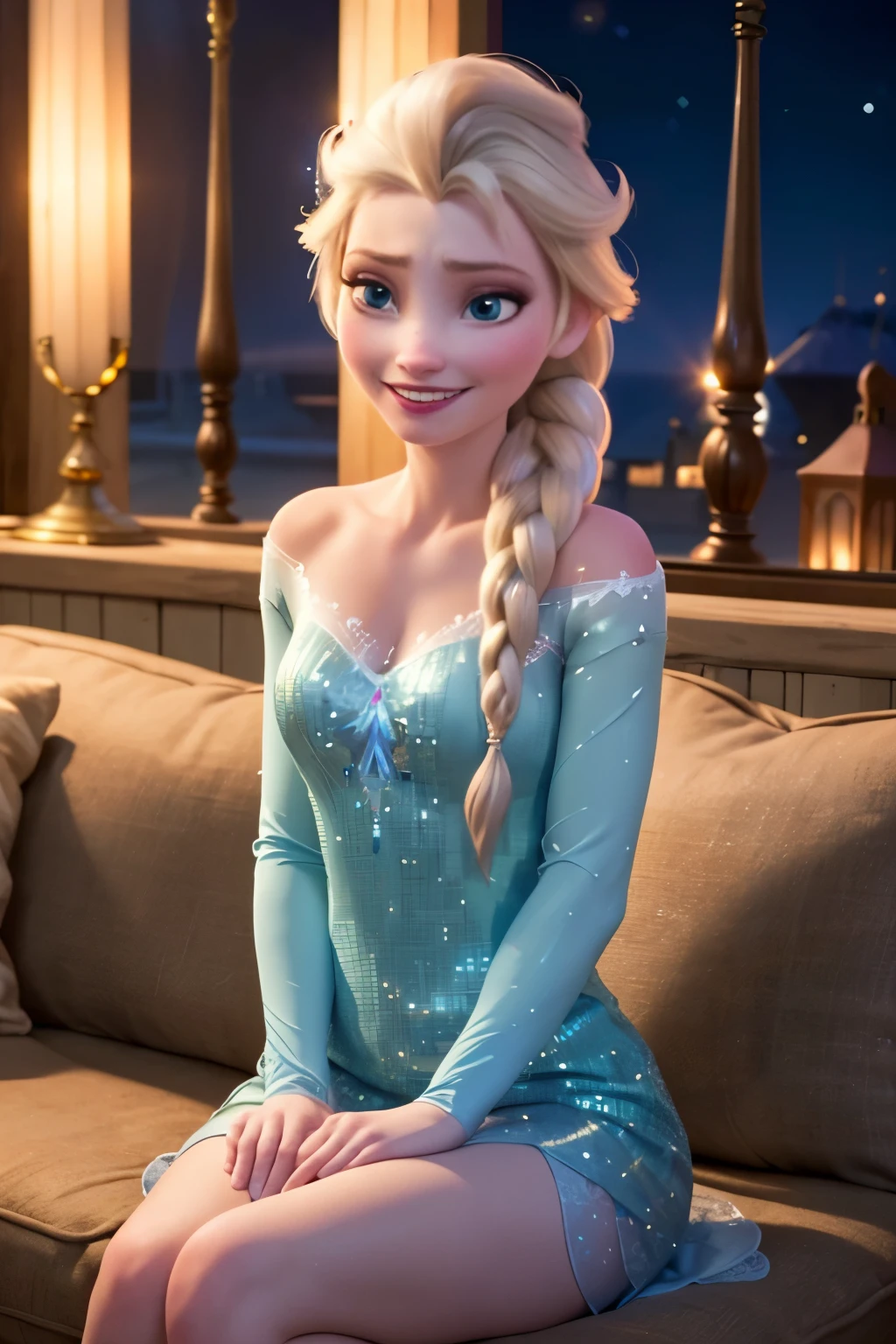 (masterpiece:1.4),(best qualit:1.4),(high resolution:1.4),elsa of arendelle,nightgown,sitting,single braid,(looking at viewer:1.1),(night:1.2),couch,fireplace,smile,
