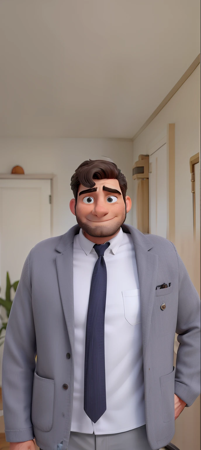Homem branco, cabelo castanho escuro , olhos castanhos, wearing gray jacket and white shirt