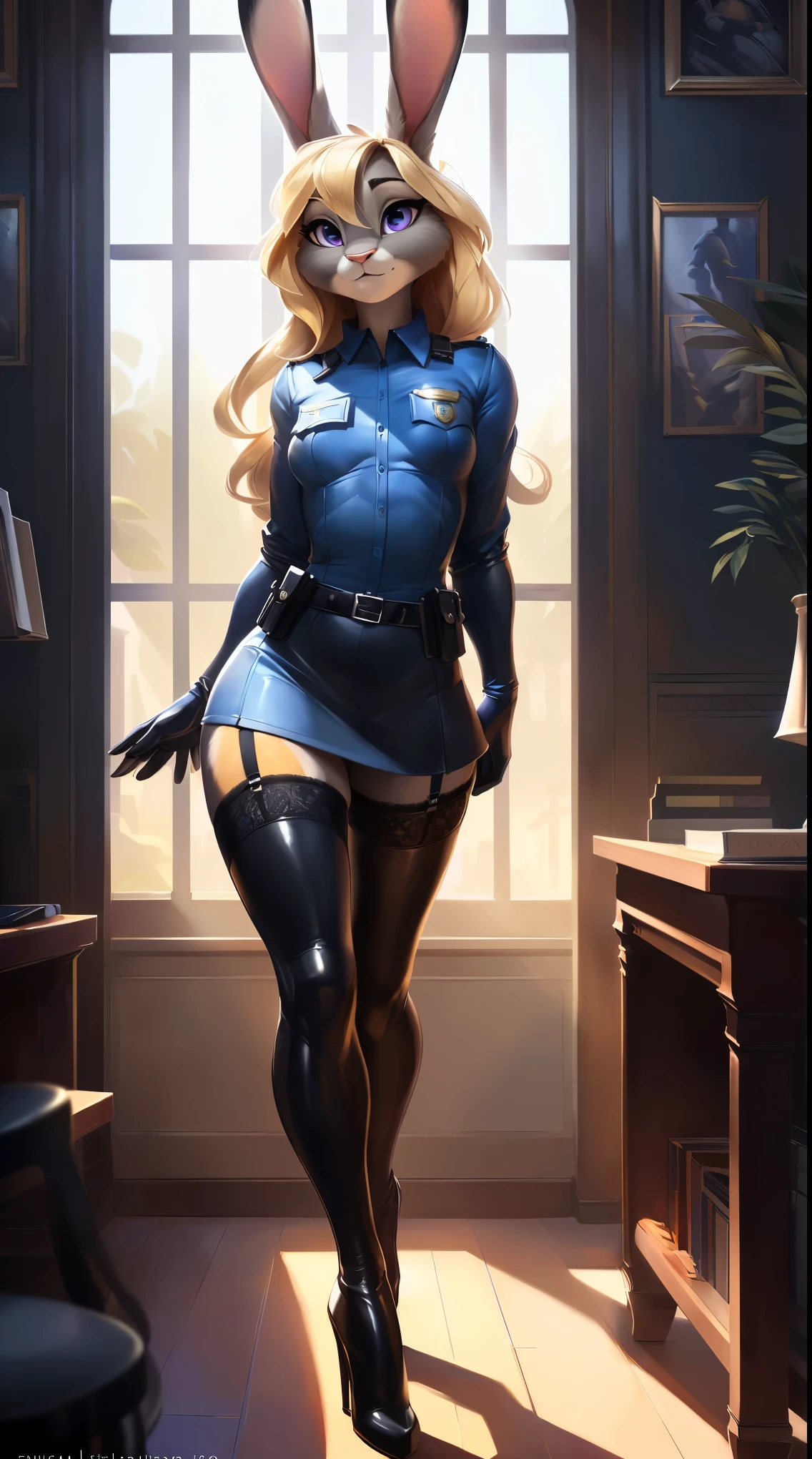 uploaded on e621, by fluff-kevlar, by Pixelsketcher, by Bayard Wu, by Thomas Benjamin Kennington, by Einshelm, solo anthro, ((Portrait)), ((JudyHopps, (police uniform, blue shirt, leather black skirt), short black side haircut, see-through black stockings, black latex boots, high heels)), seductive gase, exited face, out of breath, super horny, ((mouth open)), purple eyes, (detailed Bonifasko lighting), (Detailed fur), (detailed skin), (Cinematic lighting), ((Detailed background, grey office room)), (half body shadow), [explict content], [sharp-focus], (Questionable content), (shaded), ((Masterpiece), (Long asymmetrical wavy hair, very long hair, blonde bob), Average Breasts, pectoral muscles, Fluffy fallow bunny, Wavethesallow Face, furry fantasy art, anthro art, commission for high res, Furry art, pov furry art, Sakimichan is beautiful, Masterpiece, small breasts, Best Quality, Detailed image, Bright colors, Detailed Face, perfect lighting, Perfect shadows, Perfect eyes, focus on girl, flawless face, gorgeous body, Hourglass body, feet focus, Fluffy, fluffy woman, Body fur, Animal nose, muzzle, two-toned fur,1girl, full body, (Masterpiece:1.2), (Best Quality:1.2), (illustartion:1.2), (Cinematic lighting:1.3), Detailed fur, Furry, anthro, attractive body, sexy body, seductive gaze, thick-thighs, fit body, (See-through stockings, Best Stockings, elastic stockings, lacy stockings), Suggested Pose, Seductive Leg Pose, 