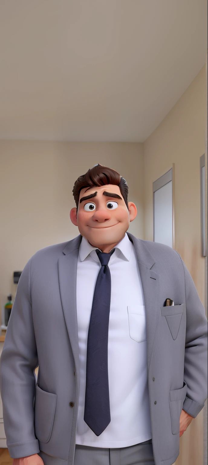 Homem branco, cabelo castanho escuro , olhos castanhos, wearing gray jacket and white shirt