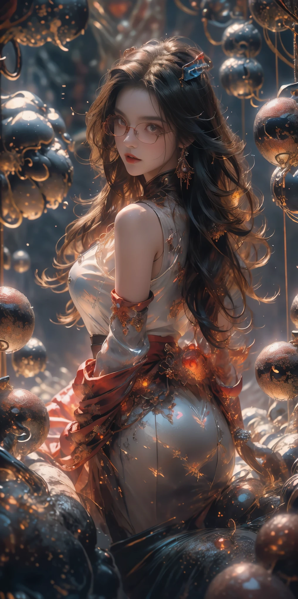 (The best illustrations)、realisitic、ultra-detailliert、The best lighting、Best Shadows、alluring succubus, ethereal beauty, perched on a cloud, (fantasy illustration:1.3), enchanting gaze, captivating pose, delicate wings, otherworldly charm, mystical sky, (Luis Royo:1.2), (Yoshitaka Amano:1.1), Dungeon and Dragon、caves、Dungeon、 A Necromancer、natta、Dark style、Succubus、Devil's Daughter、Bat Wings,(((Demon Hornlack-rimmed round glasses))))、(red eyes glowing:1.6)、beautiful countenance、Tindall Effect、(High Detail Skins:1.2) absurderes、Ponytail distortion、jewely、Beautiful expression、Toned waist、Wide buttocks、Tindall Effectmasuter piece、top-quality、Highest Standards、Top image quality、masutepiece、intricate detailes、High resolution、Depth Field、natural soft light、profetional lighting、Great smile、(High Detail Skin: 1.2)、photorealistic anime girl render、Strong highlights of the eyes、Perfect Anatomy、crotch open、Shy、Spreading your legs、Panties are visible、Skirt flipping、Body shiny with oilerectile nipple))、8K resolution、intricate clothing、Intricate details
