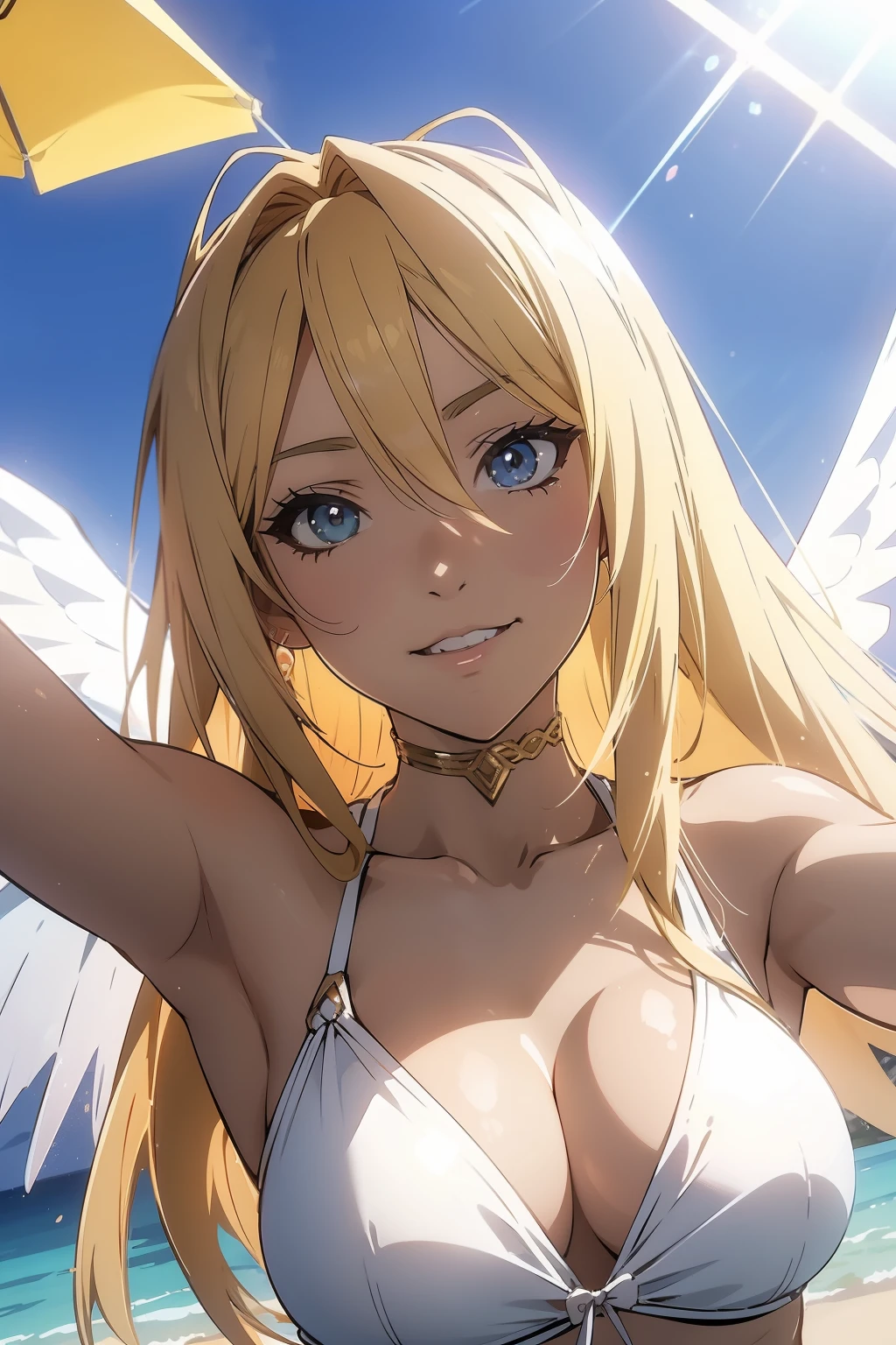 anime art of a beautiful woman in a revealing swimsuit posing under beach umbrella, she's wearing costume angel wings and a costume halo, mostly clear skies contrast with her tanned skin, long blonde hair done in a braided ponytail, she has a smiling flirtatious face, (dramatic lighting:1.4), detailed iris, (first person point of view:1.3), anime, focus on eyes, portrait taken with fisheye lens, (anime:1.3)
