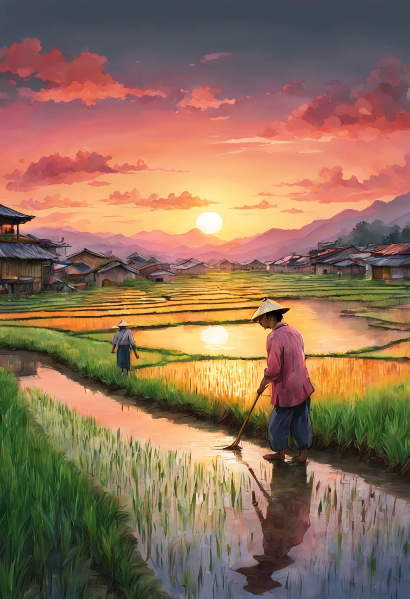 Digital Illustration, A farmer tending to the rice paddy fields during a vibrant sunset, with reflections of the pink and orange sky in the watelled terraces, Art Styles: Watercolor, Art Inspirations: Studio Ghibli, Camera: 35mm, Shot: medium shot, Render Related Information: high resolution, soft light, color splash, aesthetic