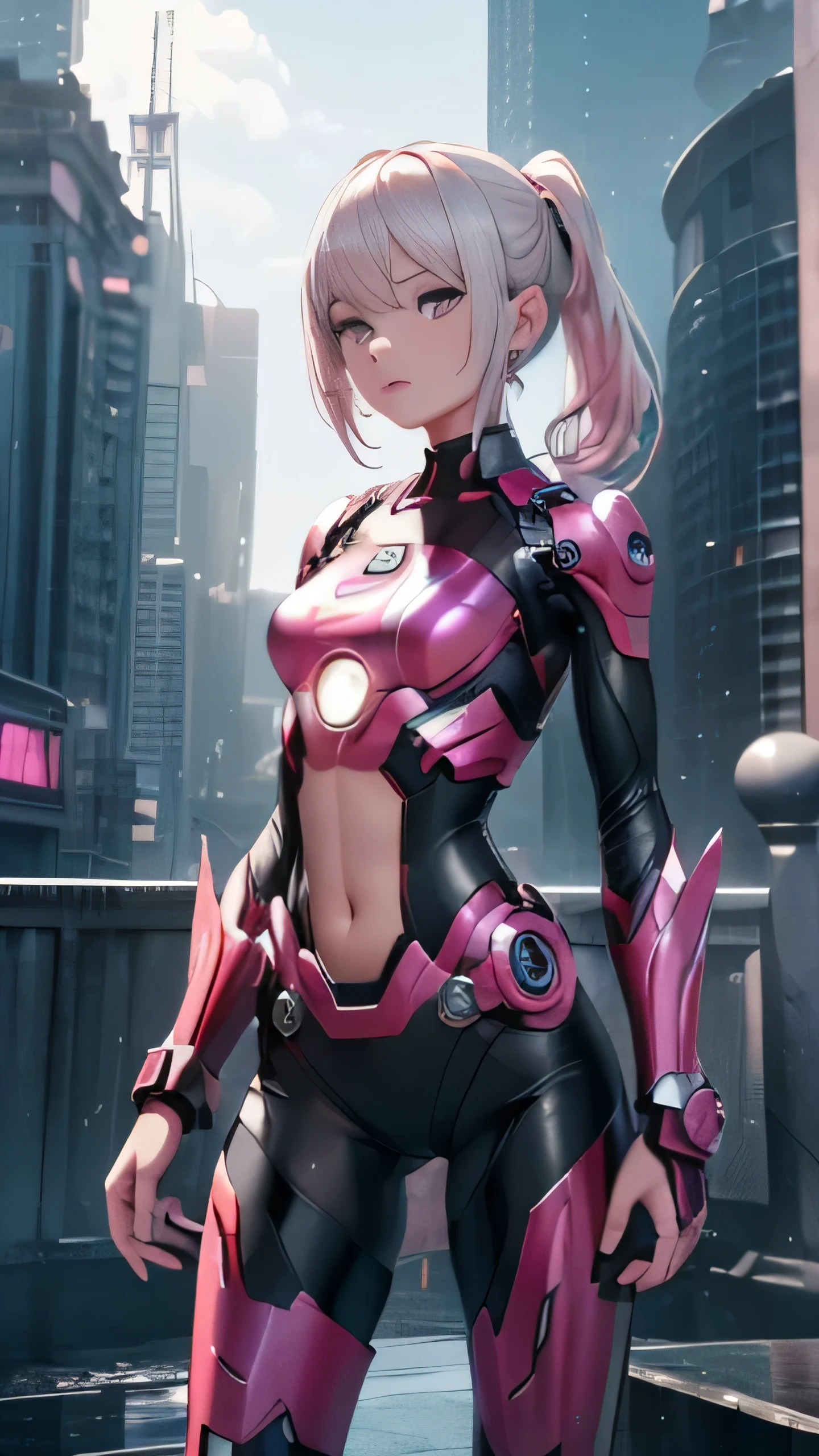 ((masterpiece, 8K, 3D, Realistic, Super Detail)), (1girl:1.3), slender 17 age, Ultra Micro photography, Super realistic, Perfect face, Beautiful features, ((Perfect female body)) Beautiful features, ( body), ((small hip)), Lisa Blackpink as Pink as ironman ((Exposed thigh)), Exposed Skin, Front Full body Shot, full body portrait, futuristic city background
