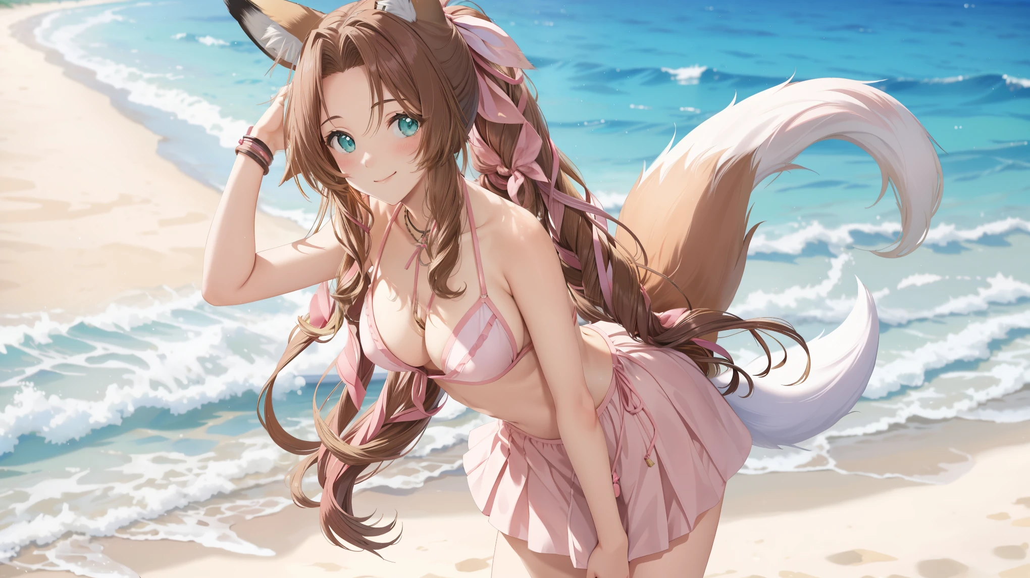 masterpiece, highest quality, Aerith Gainsbourg, pink bikini, Ruffled skirt in pink color, (fox ears:1.3), (fox tail:1.3), hair ribbon, looking at the viewer, leaning forward, smile, closed mouth, beach, The best sunshine