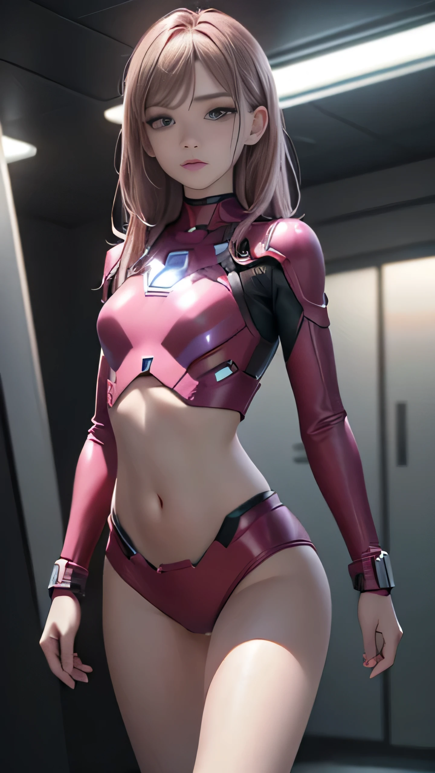 ((masterpiece, 8K, 3D, Realistic, Super Detail)), (1girl:1.3), slender 17 age, Ultra Micro photography, Super realistic, Perfect face, Beautiful features, ((Perfect female body)) Beautiful features, ( body), ((small hip)), Lisa Blackpink as Pink as ironman ((Exposed thigh)), Exposed Skin, Front Full body Shot, full body portrait, futuristic city background
