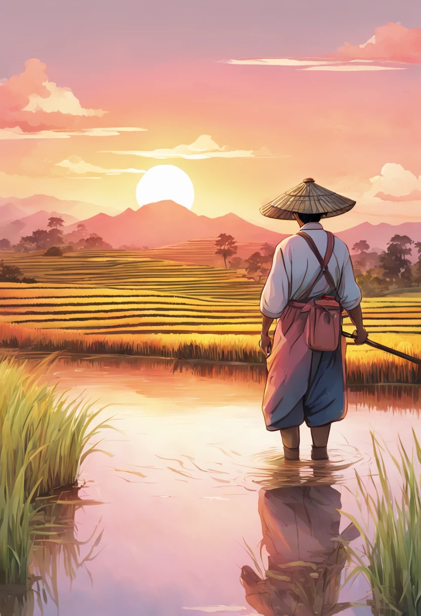 Digital Illustration, A farmer tending to the rice paddy fields during a vibrant sunset, with reflections of the pink and orange sky in the watelled terraces, Art Styles: Watercolor, Art Inspirations: Studio Ghibli, Camera: 35mm, Shot: medium shot, Render Related Information: high resolution, soft light, color splash, aesthetic