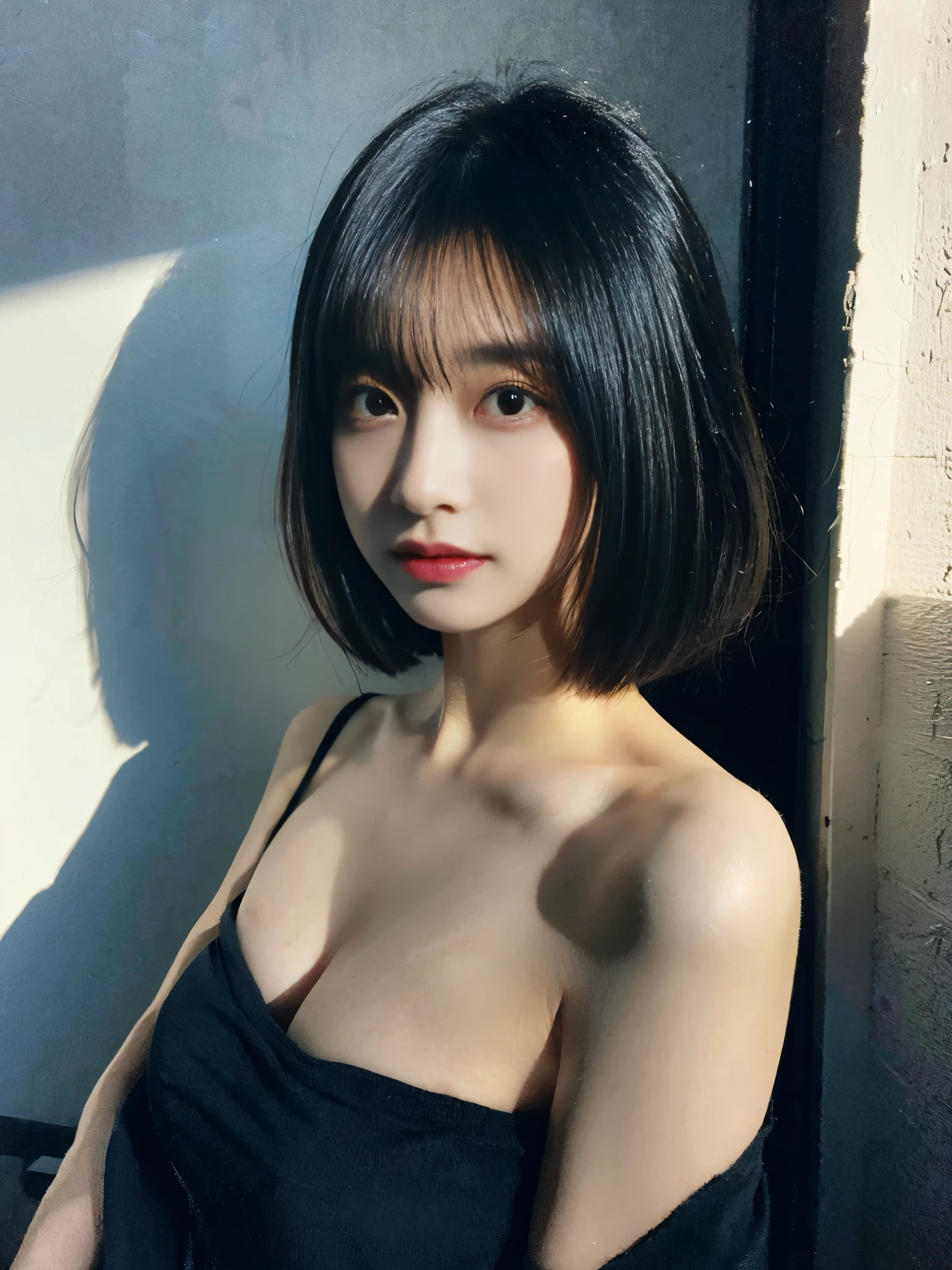 best quality, masterpiece, ultra high resolution, (lifelike:1.5), original photo, 1 girl, Off the shoulders, in the darkness, deep shadow, low profile, cold light, sexy look, short hair, big breasts, black clothes