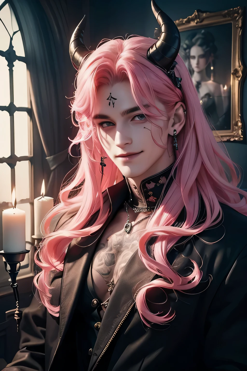 a boy with long pink hair, red skin and horns, he is smiling scary with big sharp teeth. anime styling