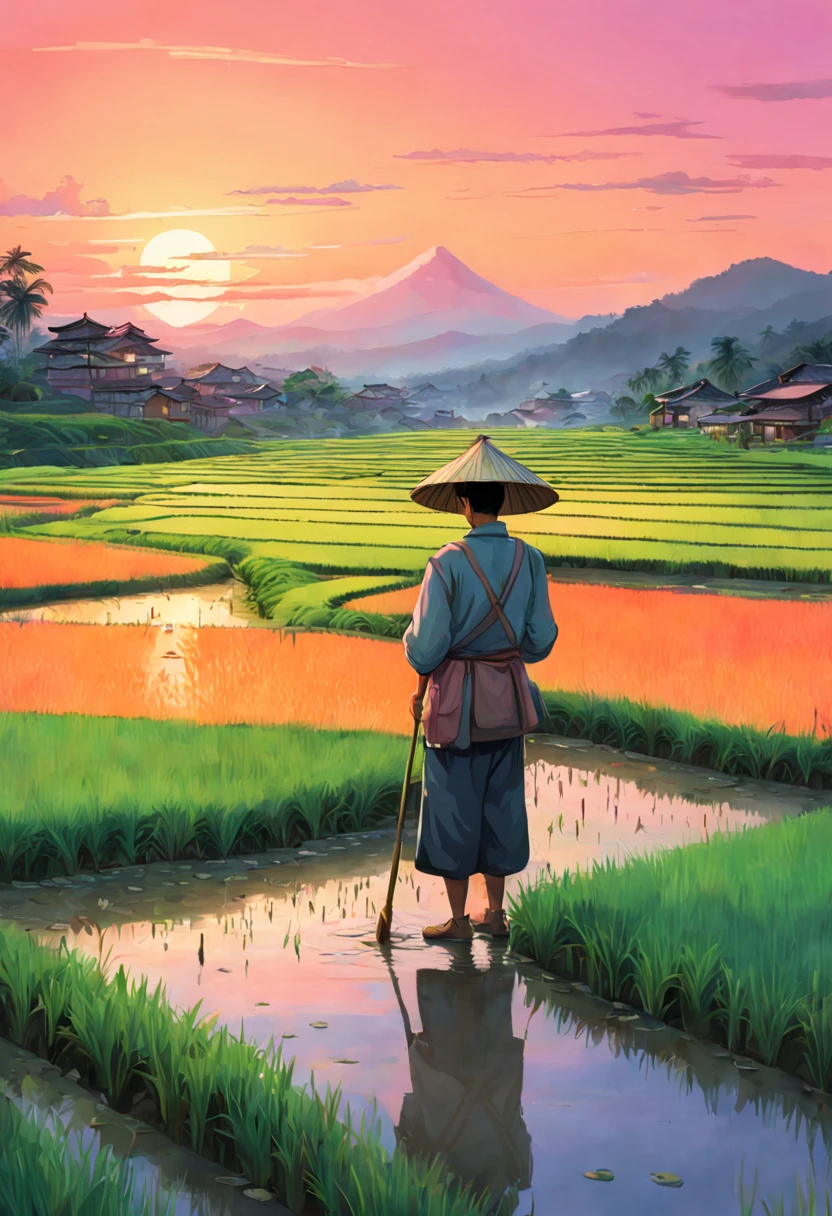 Digital Illustration, A farmer tending to the rice paddy fields during a vibrant sunset, with reflections of the pink and orange sky in the watelled terraces, Art Styles: Watercolor, Art Inspirations: Studio Ghibli, Camera: 35mm, Shot: medium shot, Render Related Information: high resolution, soft light, color splash, aesthetic