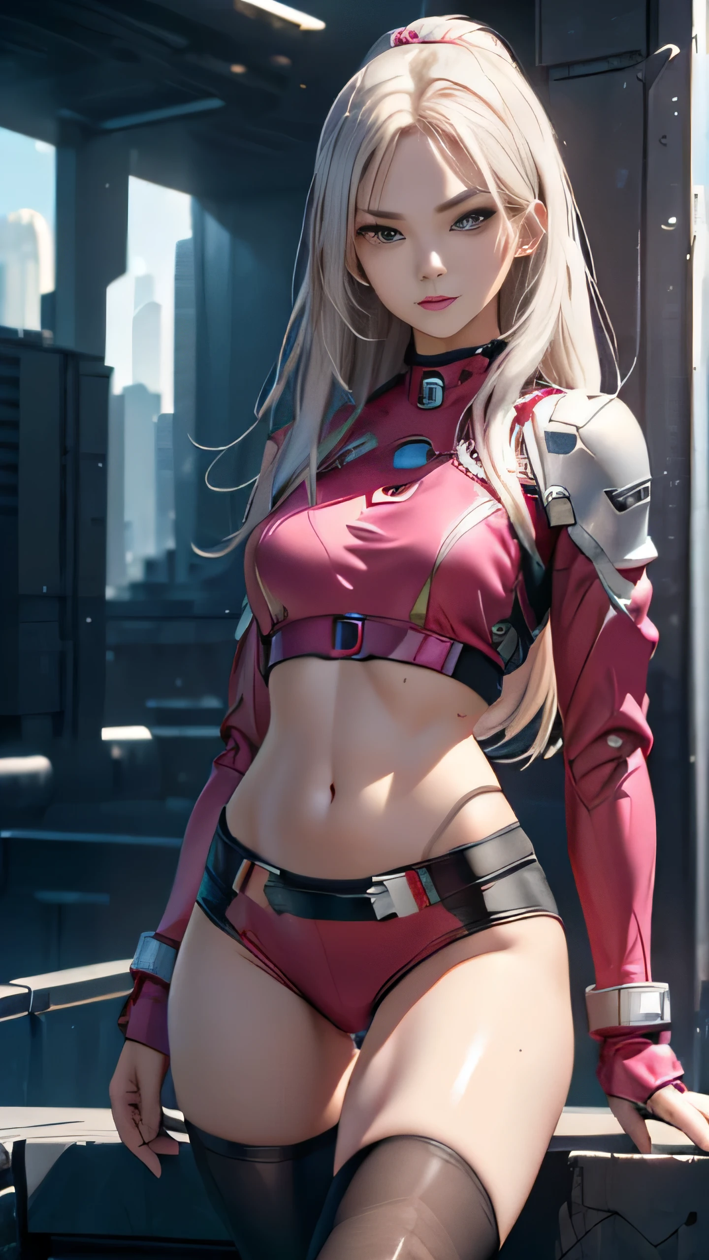 ((masterpiece, 8K, 3D, Realistic, Super Detail)), (1girl:1.3), slender 17 age, Ultra Micro photography, Super realistic, Perfect face, Beautiful features, ((Perfect female body)) Beautiful features, ( body), ((small hip)), Lisa Blackpink as Pink as ironman ((Exposed thigh)), Exposed Skin, Front Full body Shot, full body portrait, futuristic city background