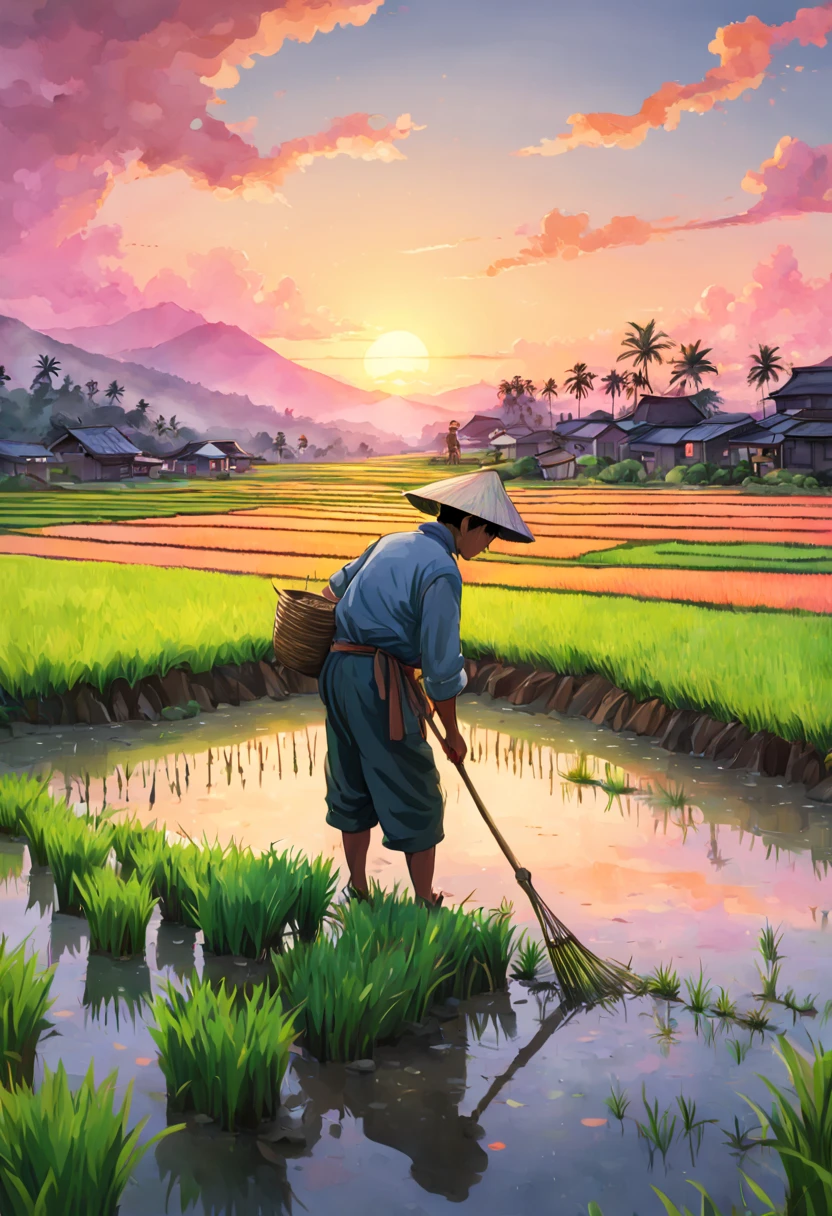 Digital Illustration, A farmer tending to the rice paddy fields during a vibrant sunset, with reflections of the pink and orange sky in the watelled terraces, Art Styles: Watercolor, Art Inspirations: Studio Ghibli, Camera: 35mm, Shot: medium shot, Render Related Information: high resolution, soft light, color splash, aesthetic