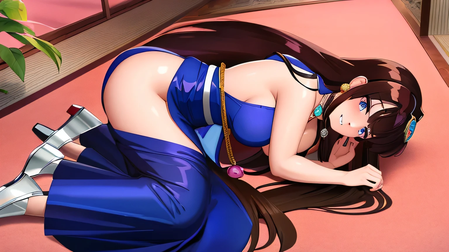 Obra maestra, La mejor calidad, alto detalle, ojos perfectos, ojos azules, Mirando al espectador, alta calidad, Ukyo Kuonji, ukyo, Anime Ranma, cabello marron, diadema, sonrisa, tetas grandes, KuonjiUkyo, solo, mujer hermosa, Long brown hair, vestido rosa, escote, sin mangas, aretes, collar de perlas, sonriendo, de pie, alfombra roja, evento elegante, cuerpo sexy
