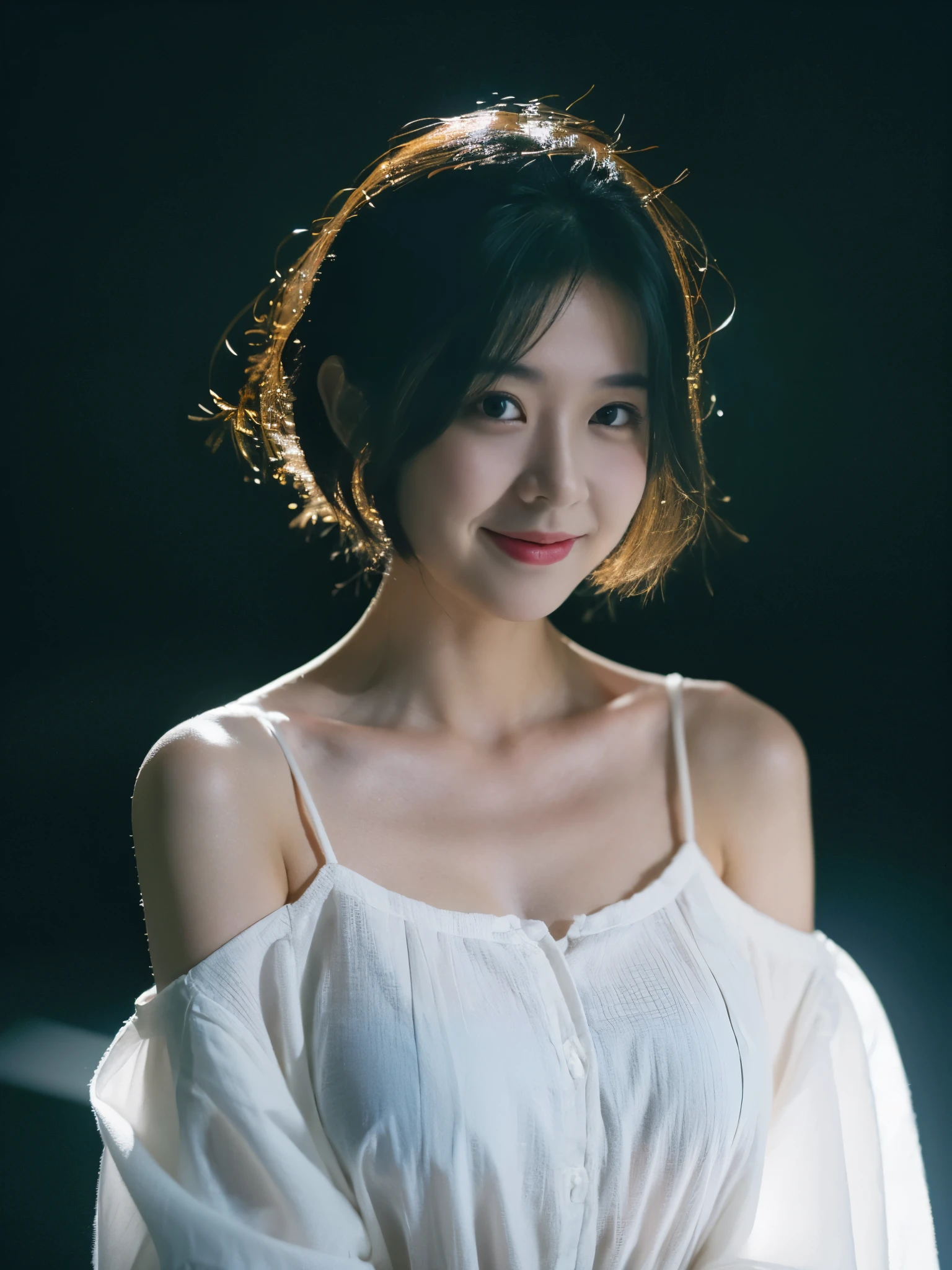best quality, masterpiece, ultra high resolution, (lifelike:1.5), original photo, 1 girl, Off the shoulders, in the darkness, deep shadow, low profile, cold light, sexy look, short hair, big breasts, black clothes, full-body shot, smile