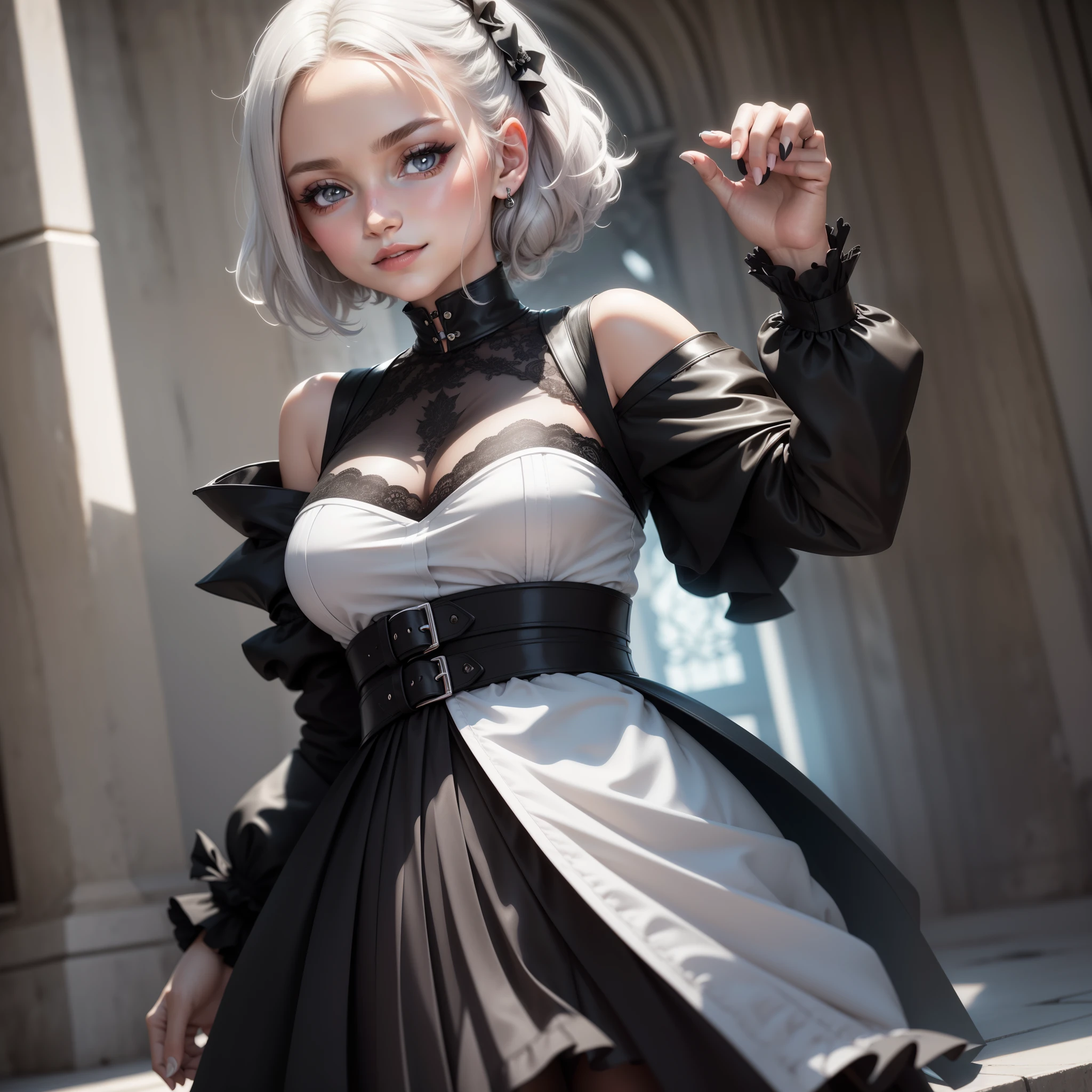 8K,Masterpiece,One woman,Close-up,Portrait Photography,skirt lift,Panty Shot,japanese sword,smile,30 years old,blue eyes,White Hair,Short Bob Hair,(Gothic Lolita),Dutch beauty,Ella Freya（Ella Freya),(White panties),2b, short hair, Knee socks, gloves, Long sleeve, dress, Slender figure, Cleavage, Small breasts, Gray Hair, hair band, boots, Puffy sleeves, black Knee socks, Black footwear, Mole, black dress, High heels, leotard, Clothing cutouts, thigh boots, Cleavage cutout, black hair band, Juliet Sleeve, high heel boots,skirt lift,Panty Shot