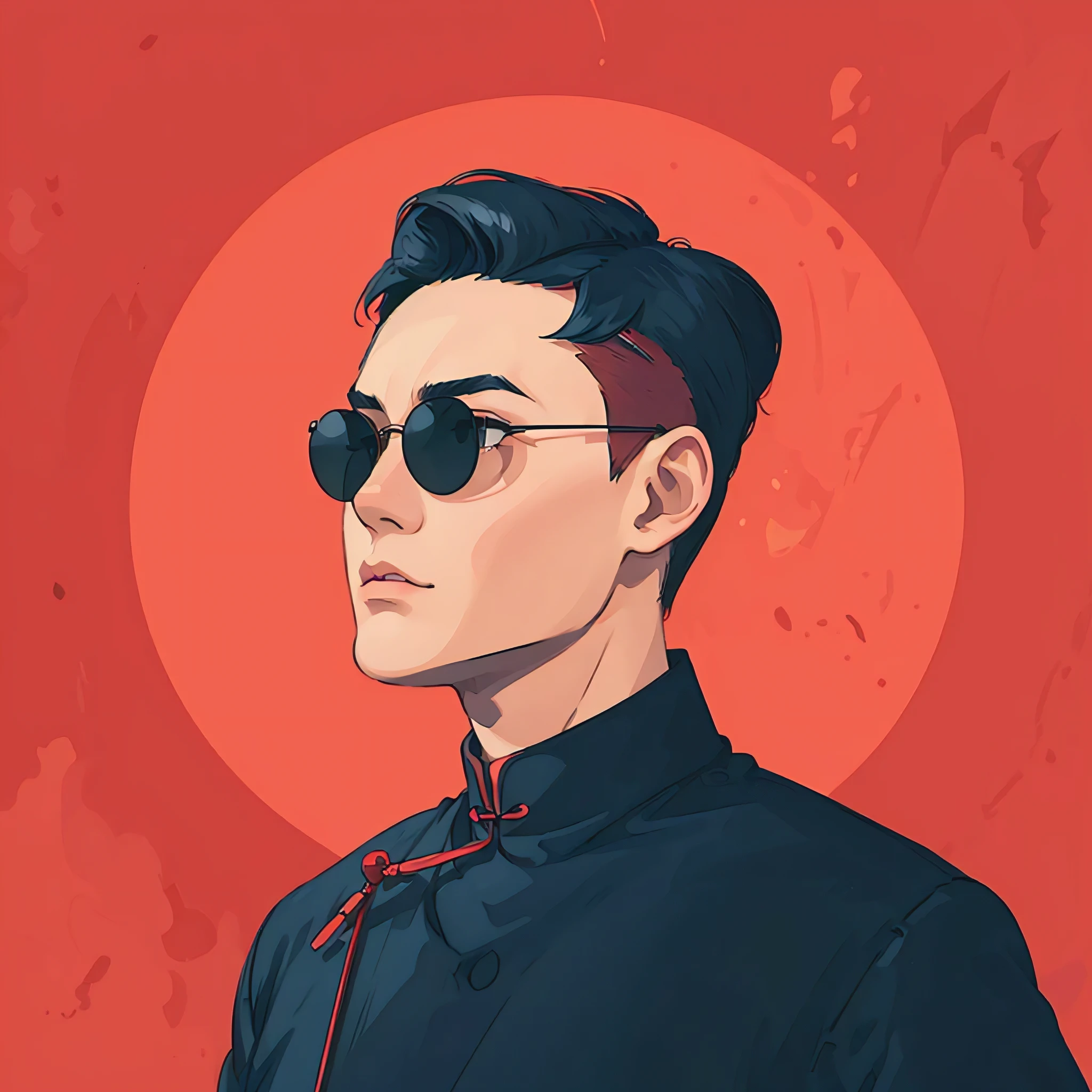 (best quality, masterpiece:1.3), simple minimalist NFT potrait Chinese man wearing traditional ancient chinese clothes, 1990s haircuts style, sunglasses, cinnabar red background, vector art, detailed art in colors, soft colors scheme, perfect likeness, in the style of c-pop idol, various artworks