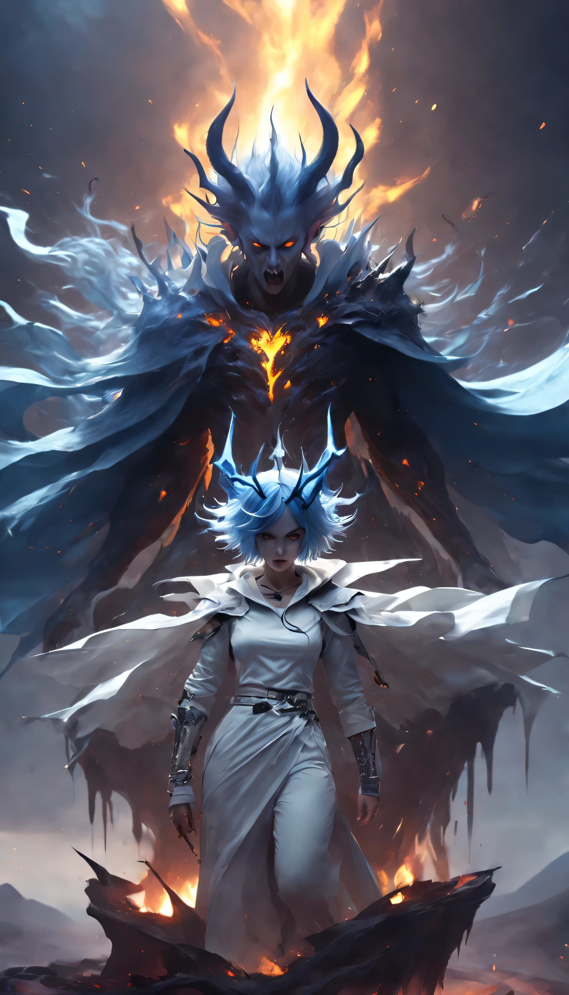 masterpiece,best quality,highly detailed,16k ,evil atmosphere,male assistant with sword yellow in colour,blue bob cut hair demon girl with horns and throne crown,in modern tshirt and  white jacket over the shoulder  and pants getting ready  make some action, cinematic background,explosion,cosmic,molten lava, horrifying 